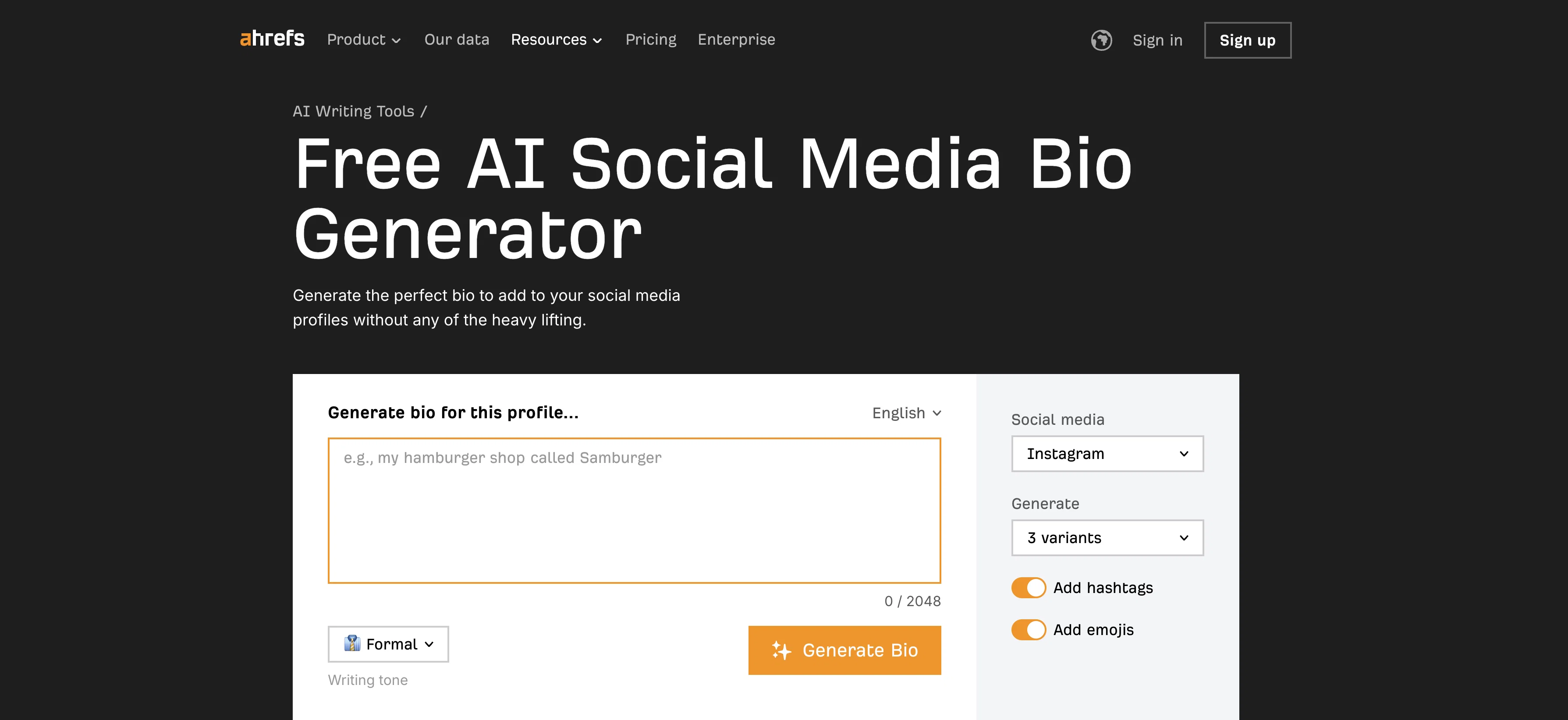 Ahrefs Social Media Bio Generator website