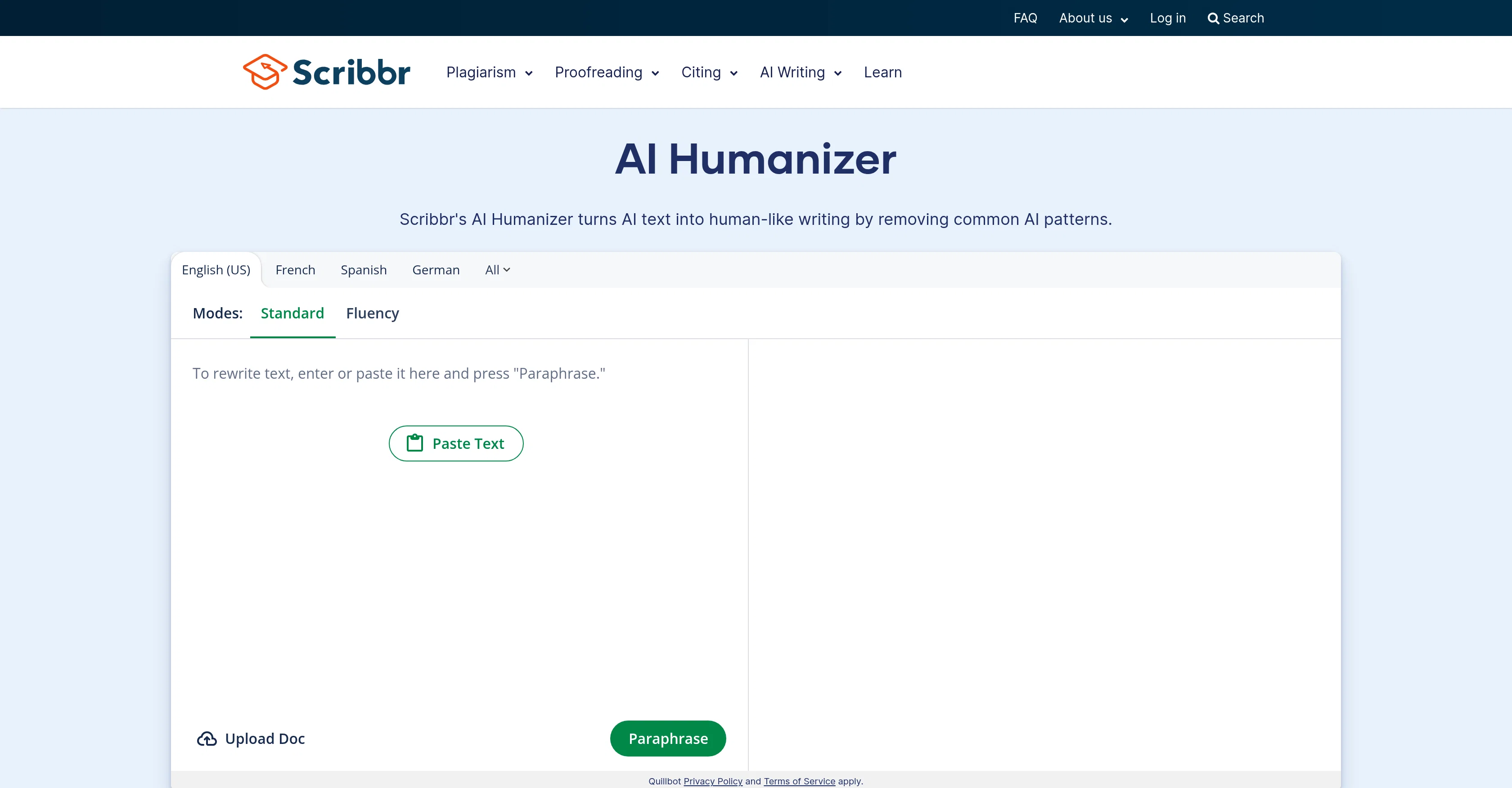AI Humanizer by Scribbr website