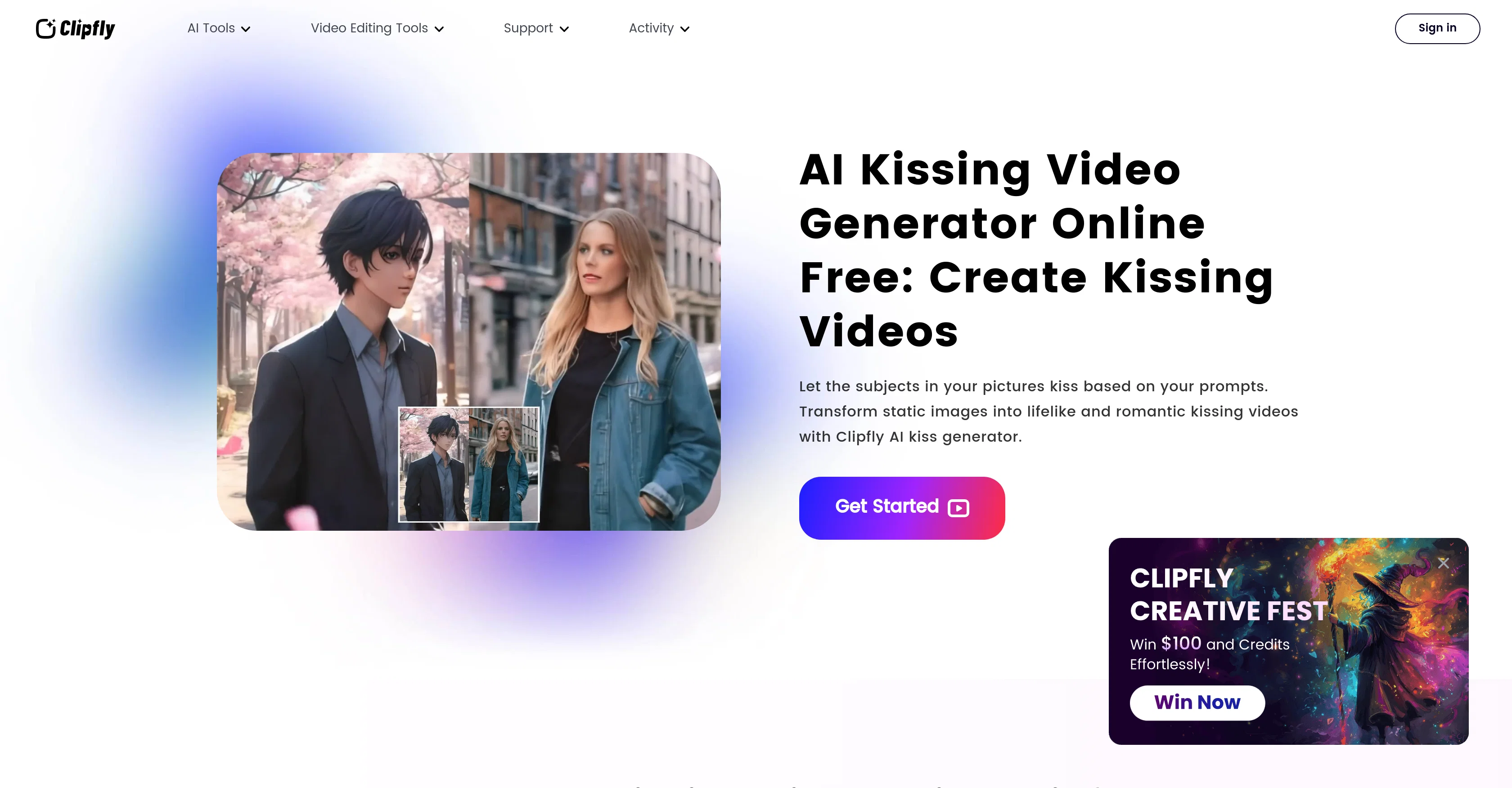 Clipfly AI Kissing Video Generator website