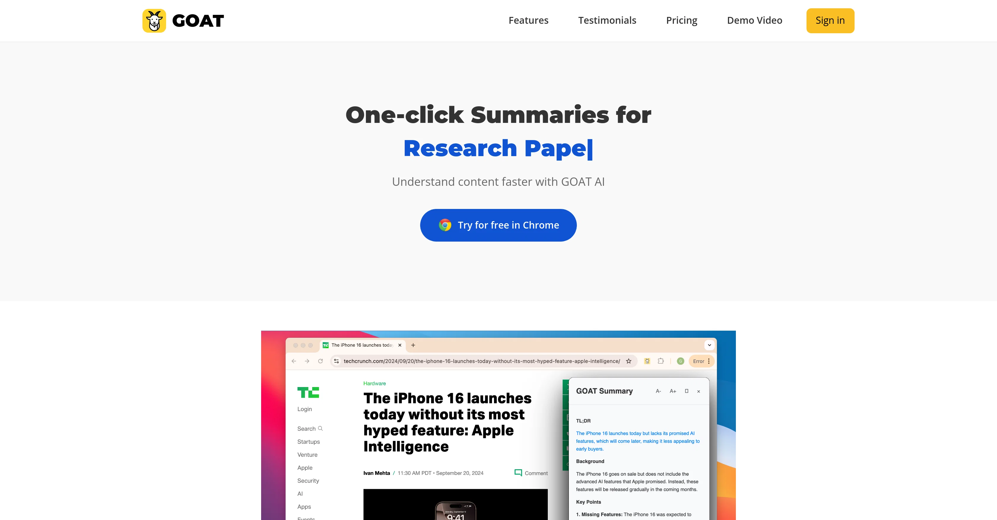 GOAT AI Summarizer website