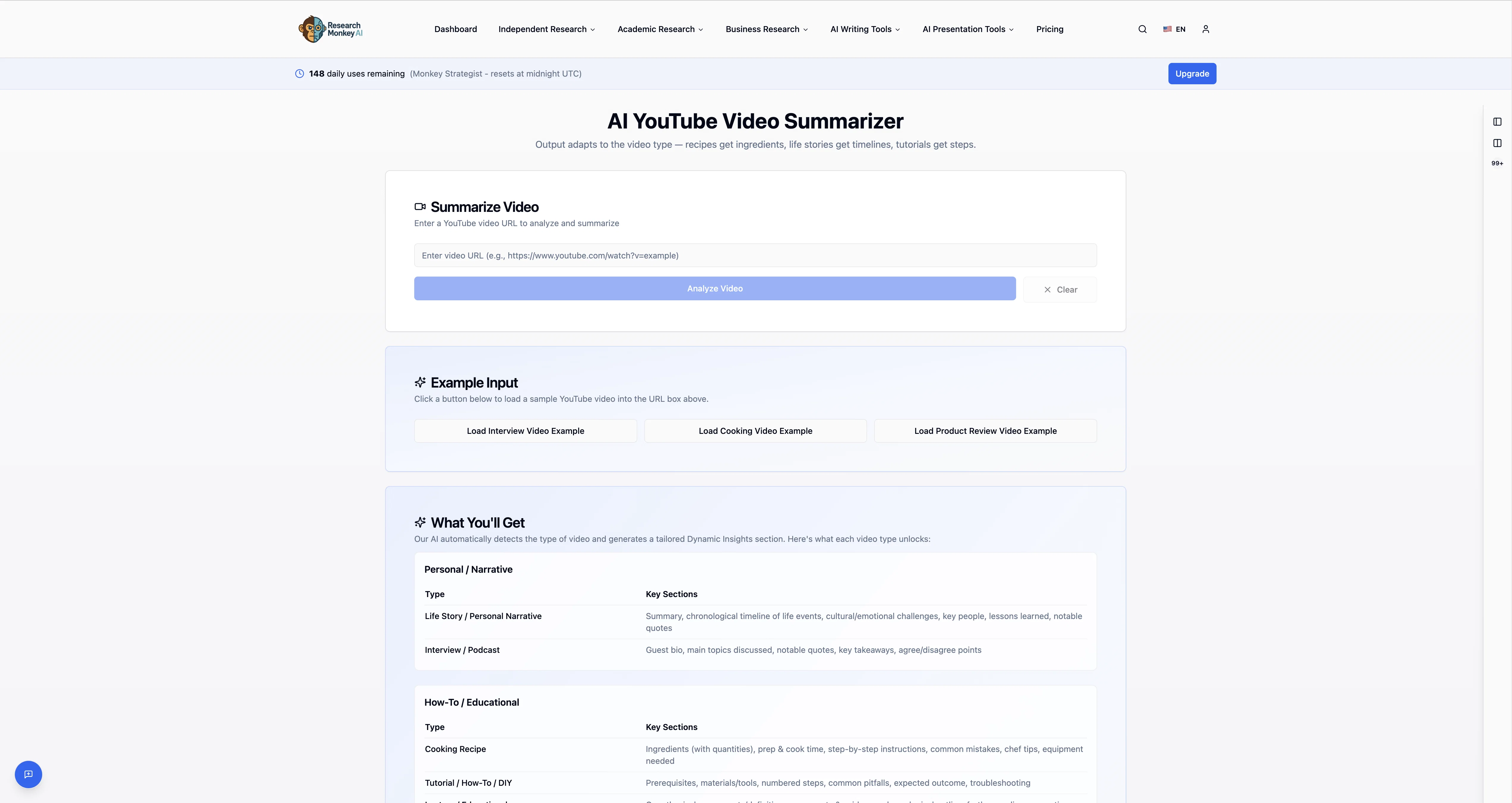 ResearchMonkey AI | YouTube Summarizer website