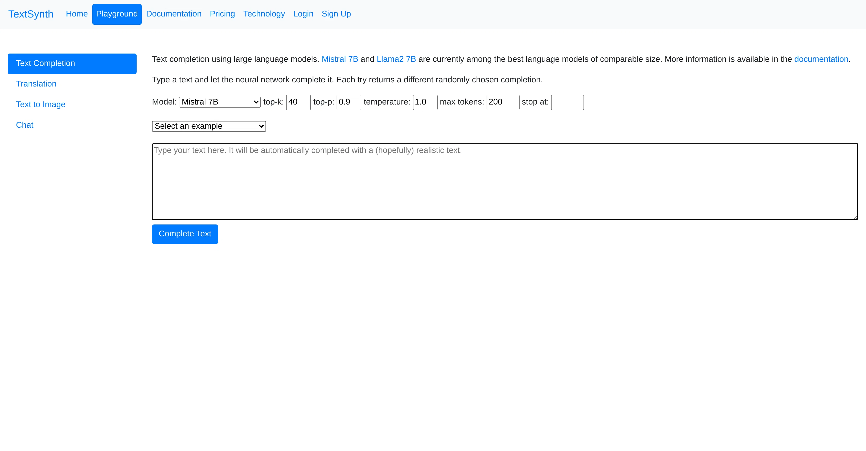 TextSynth Text Completion website
