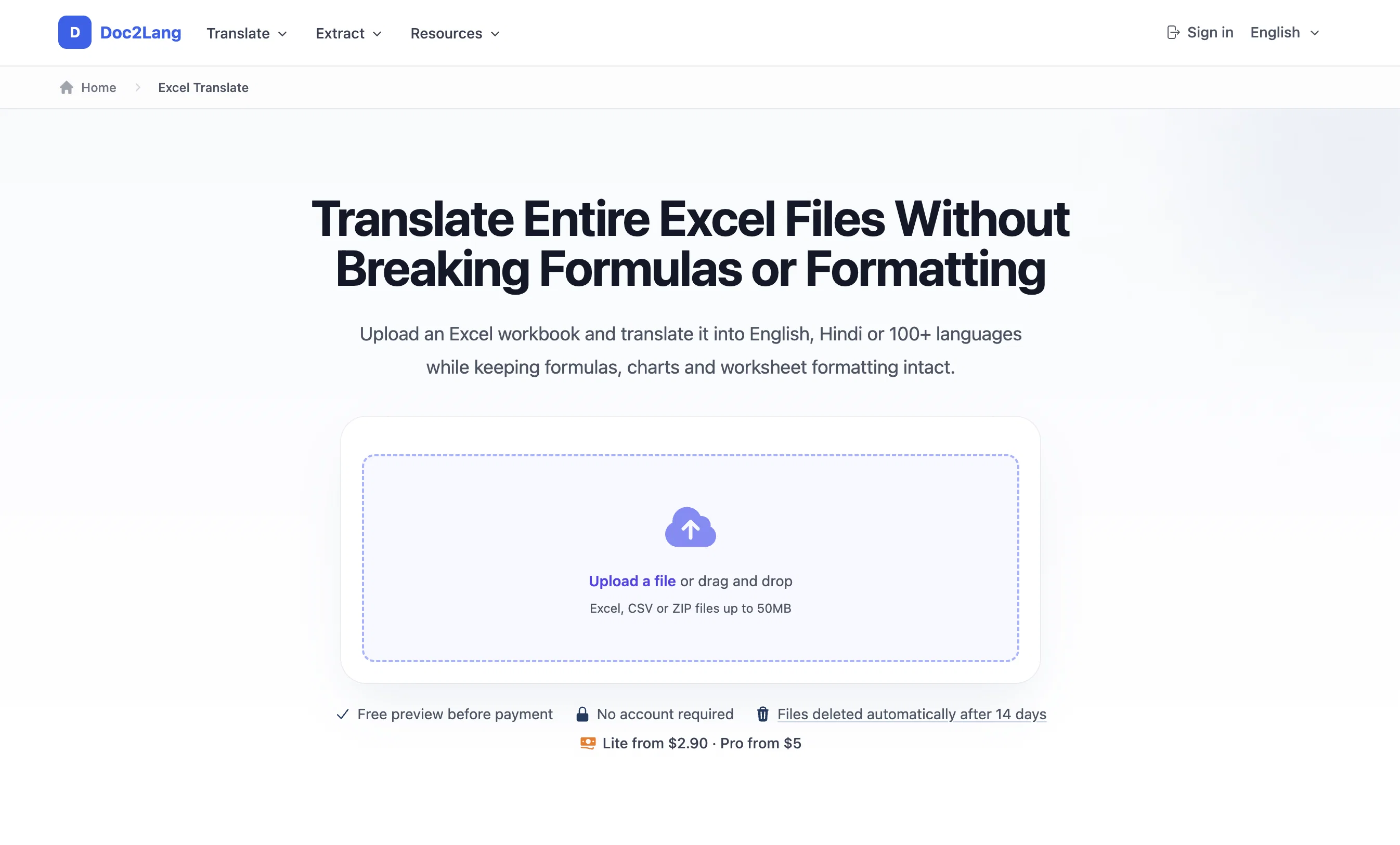 Doc2Lang Online Excel Translator website