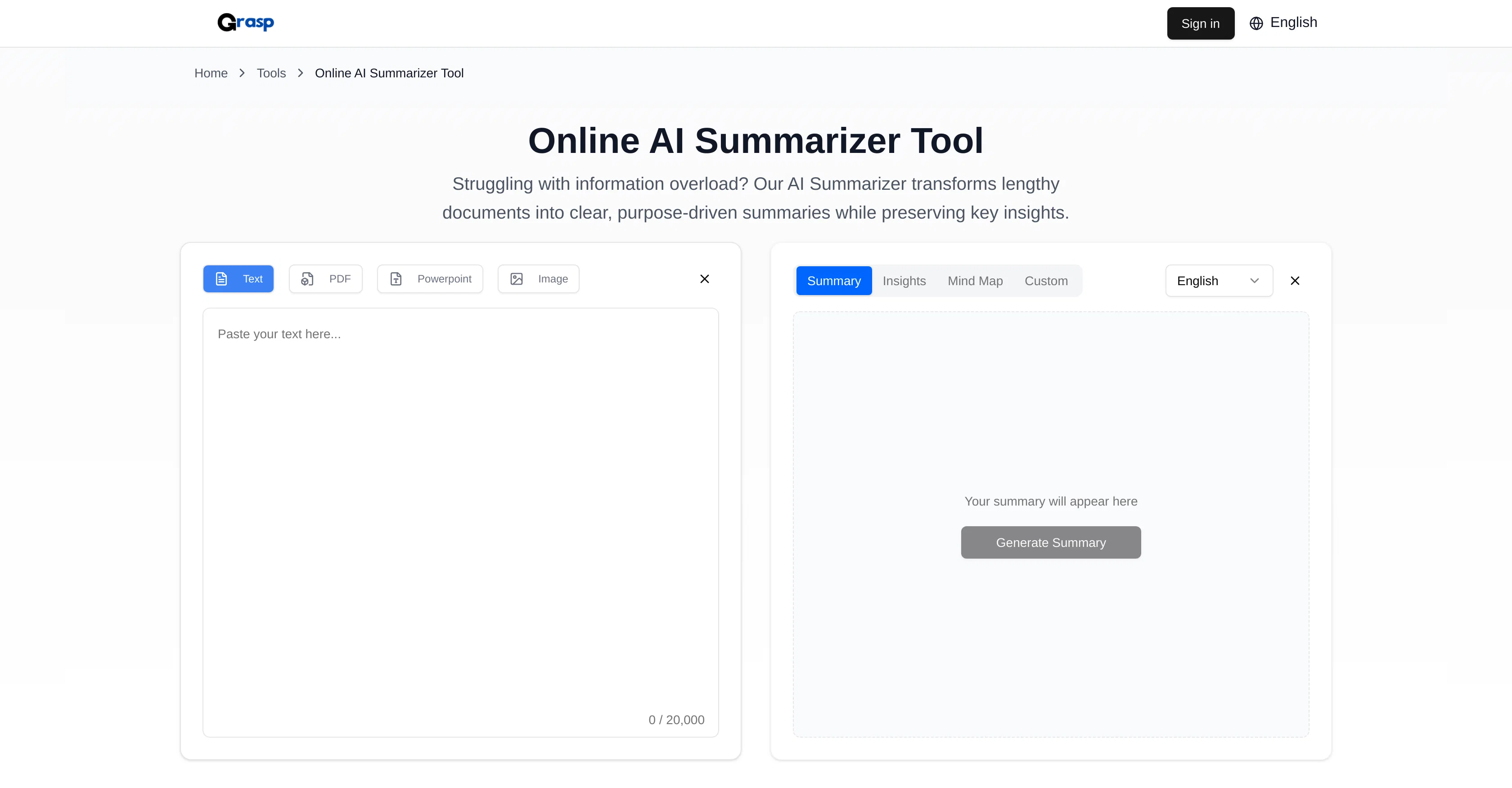 Grasp AI Summarizer Tool website