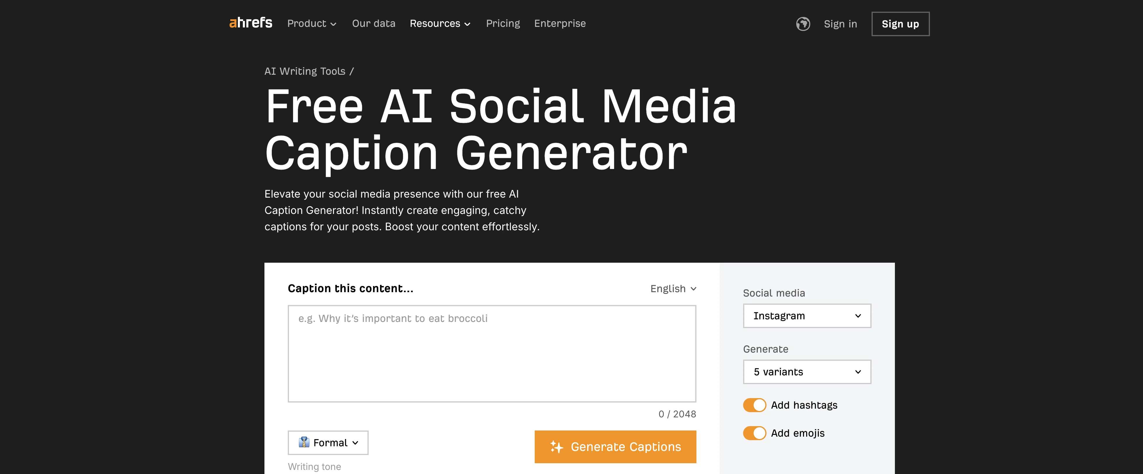 Ahrefs AI Social Media Captions website