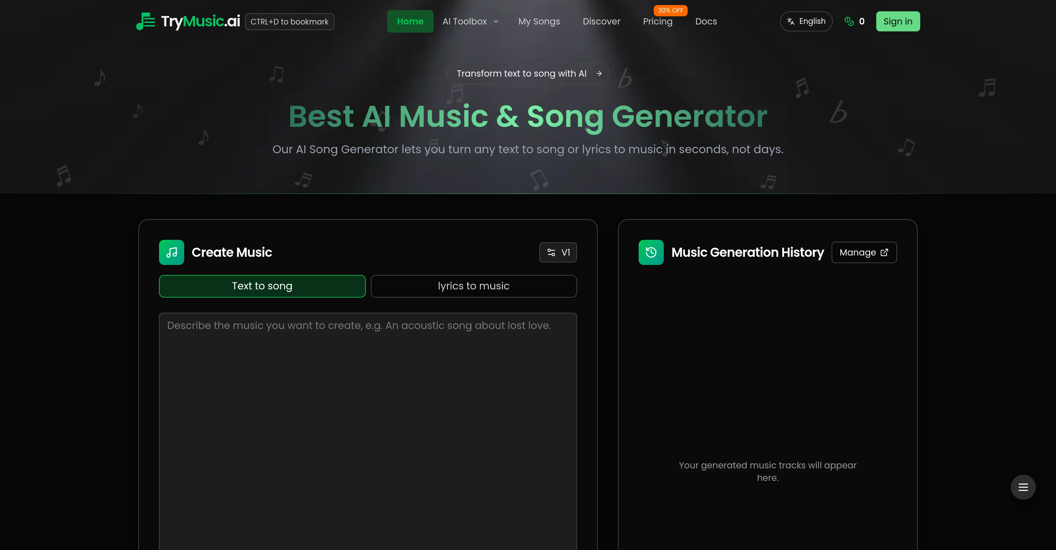 Trymusic AI Song Generator website
