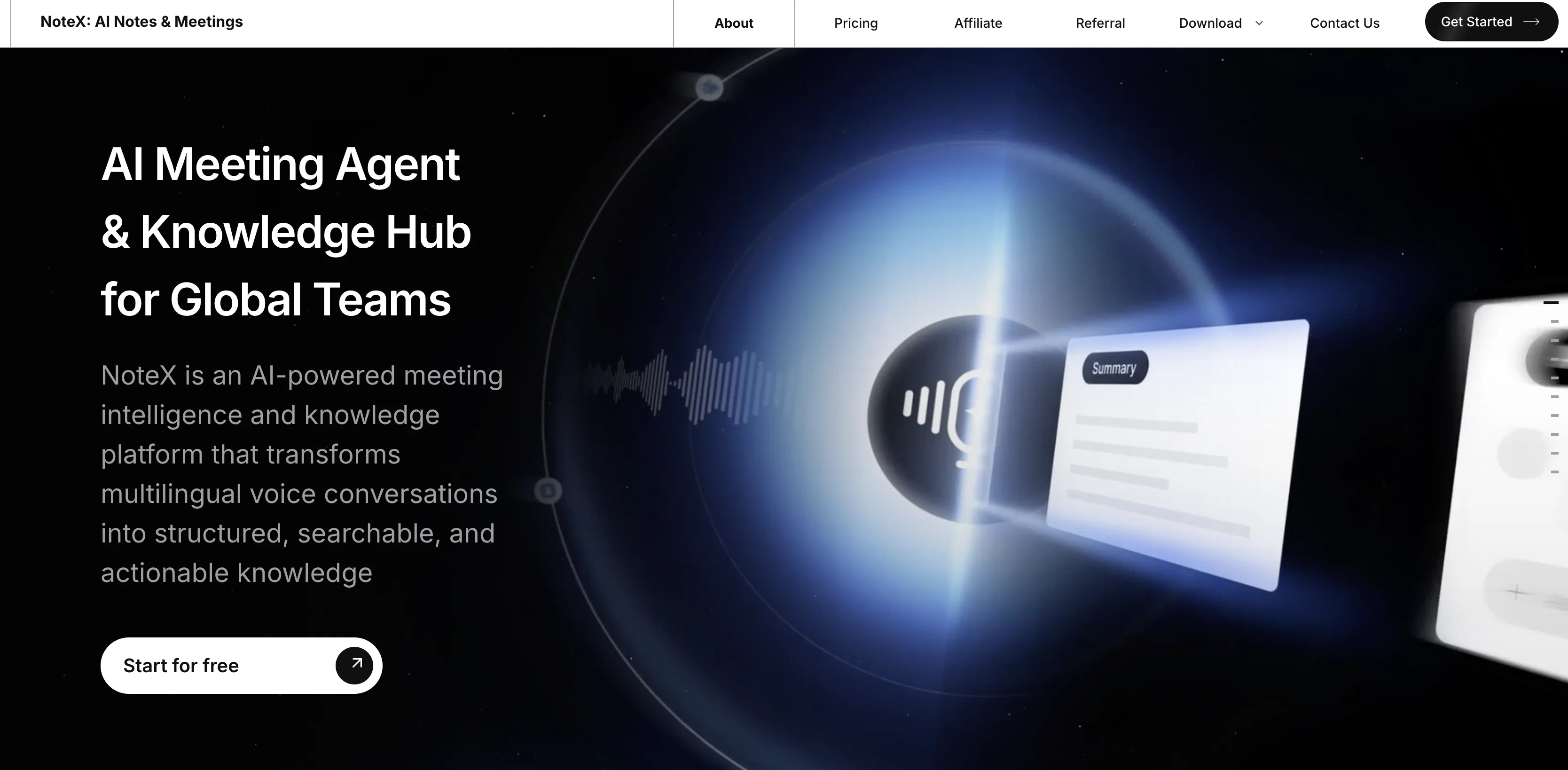 NoteX AI Meeting Agent website
