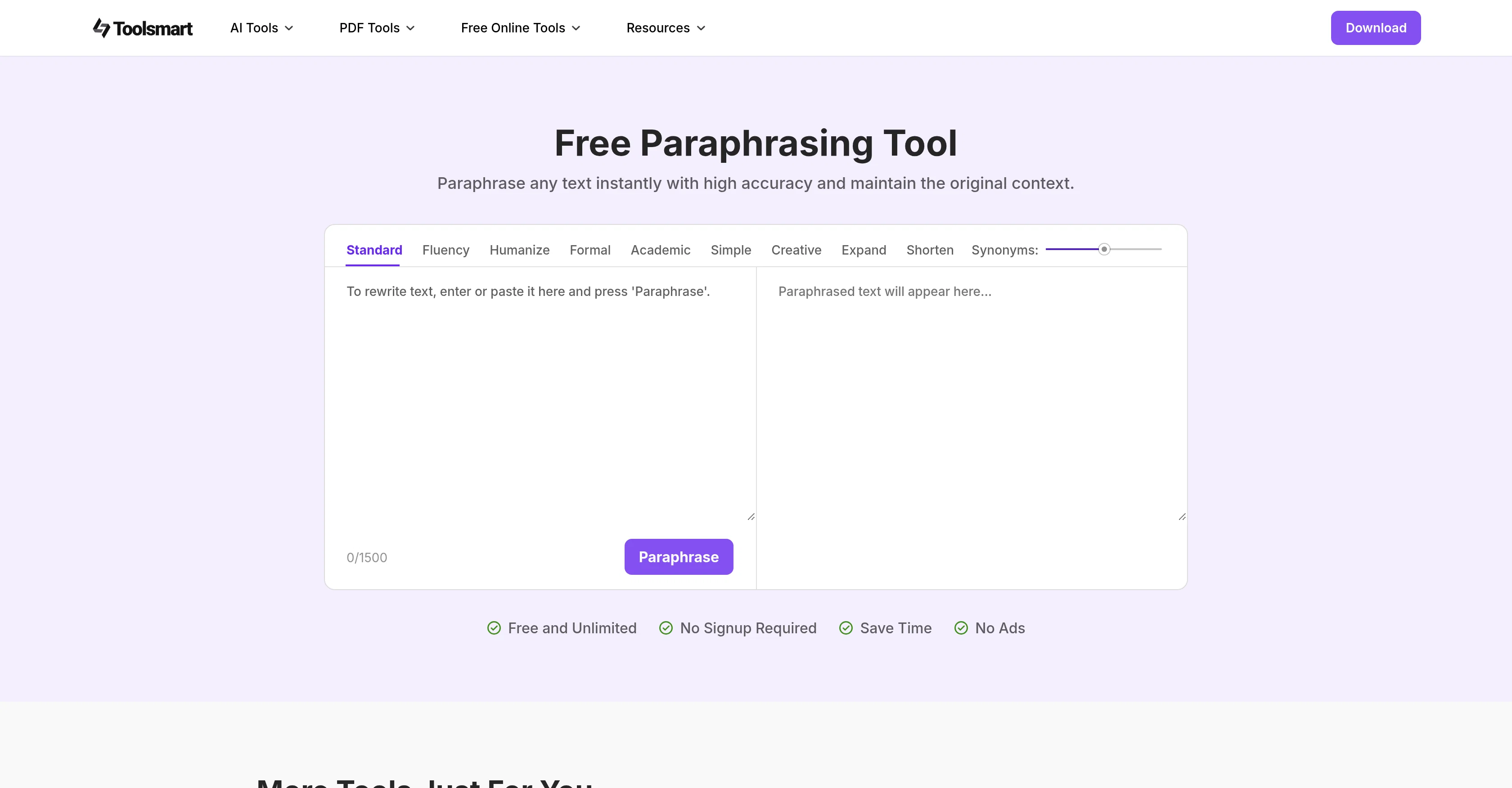 ToolSmart Free Paraphrasing Tool website