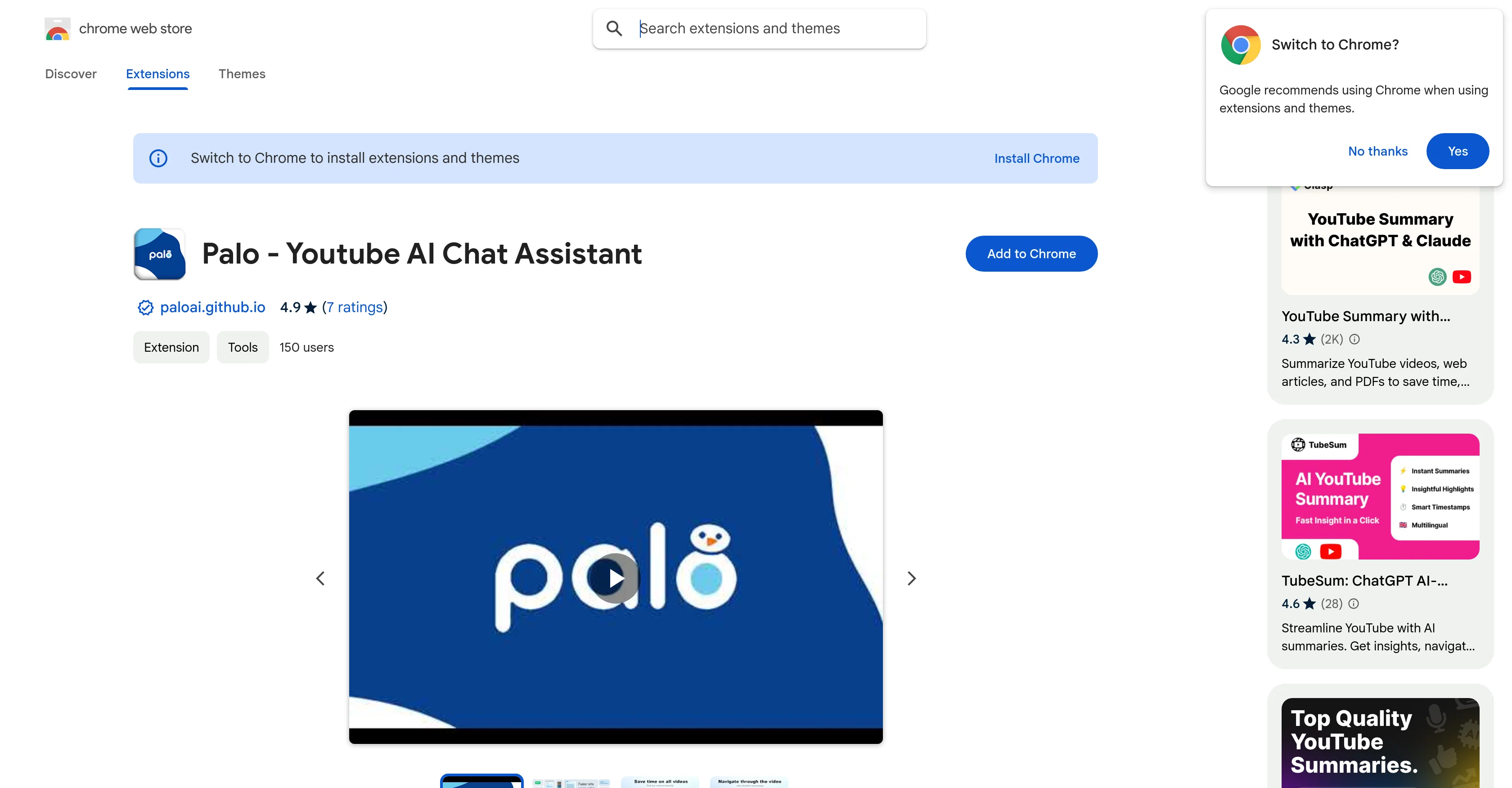 Palo - Youtube AI Chat Assistant website