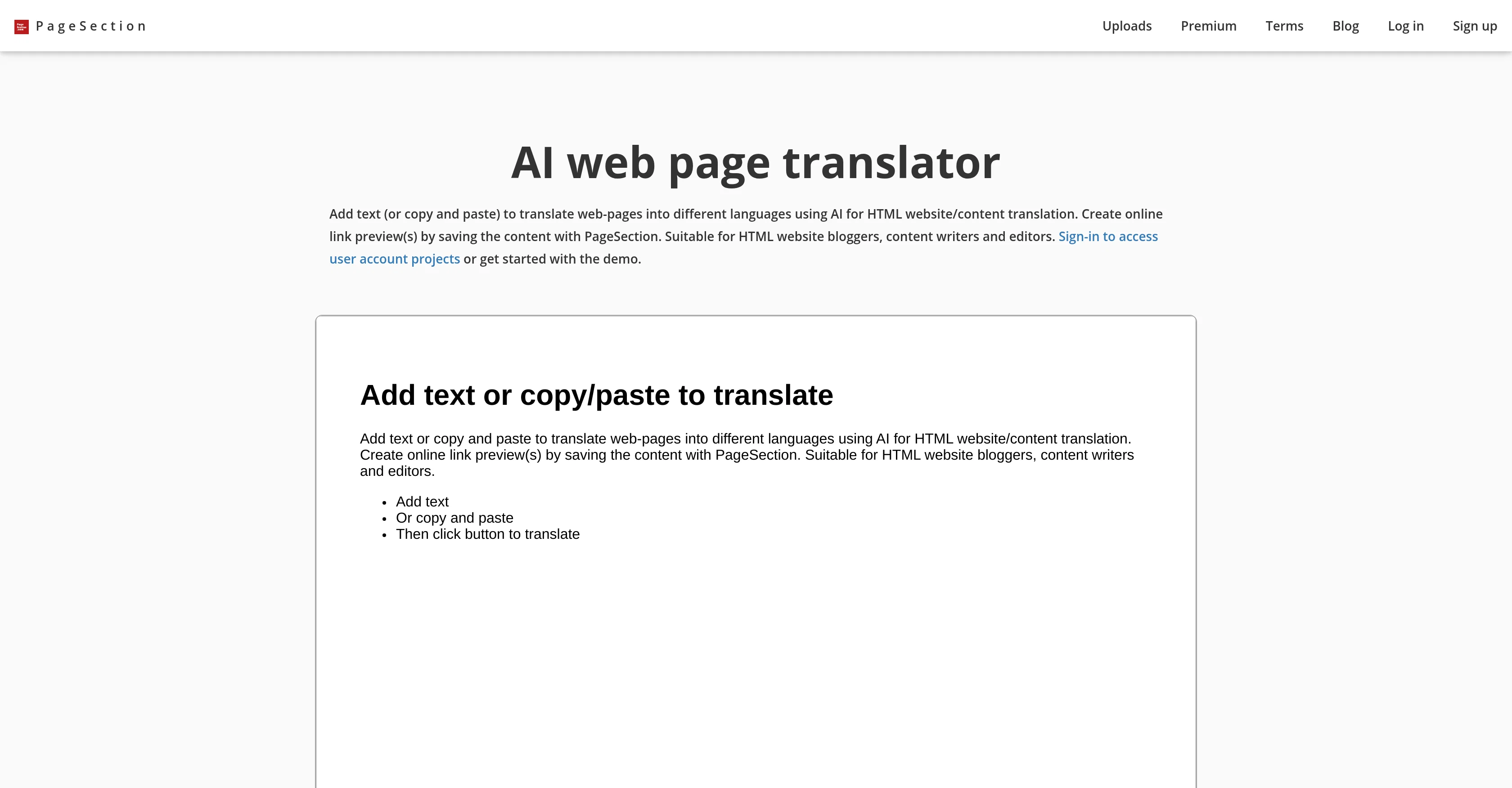 AI web page translator by pagesection.com website