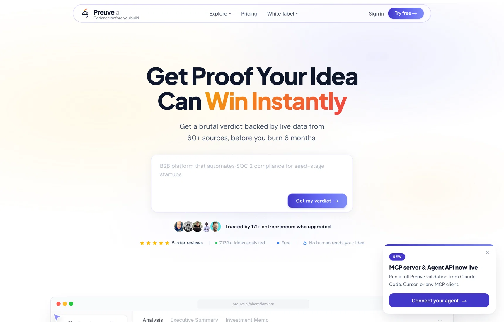 Preuve AI - Startup Idea Validator website