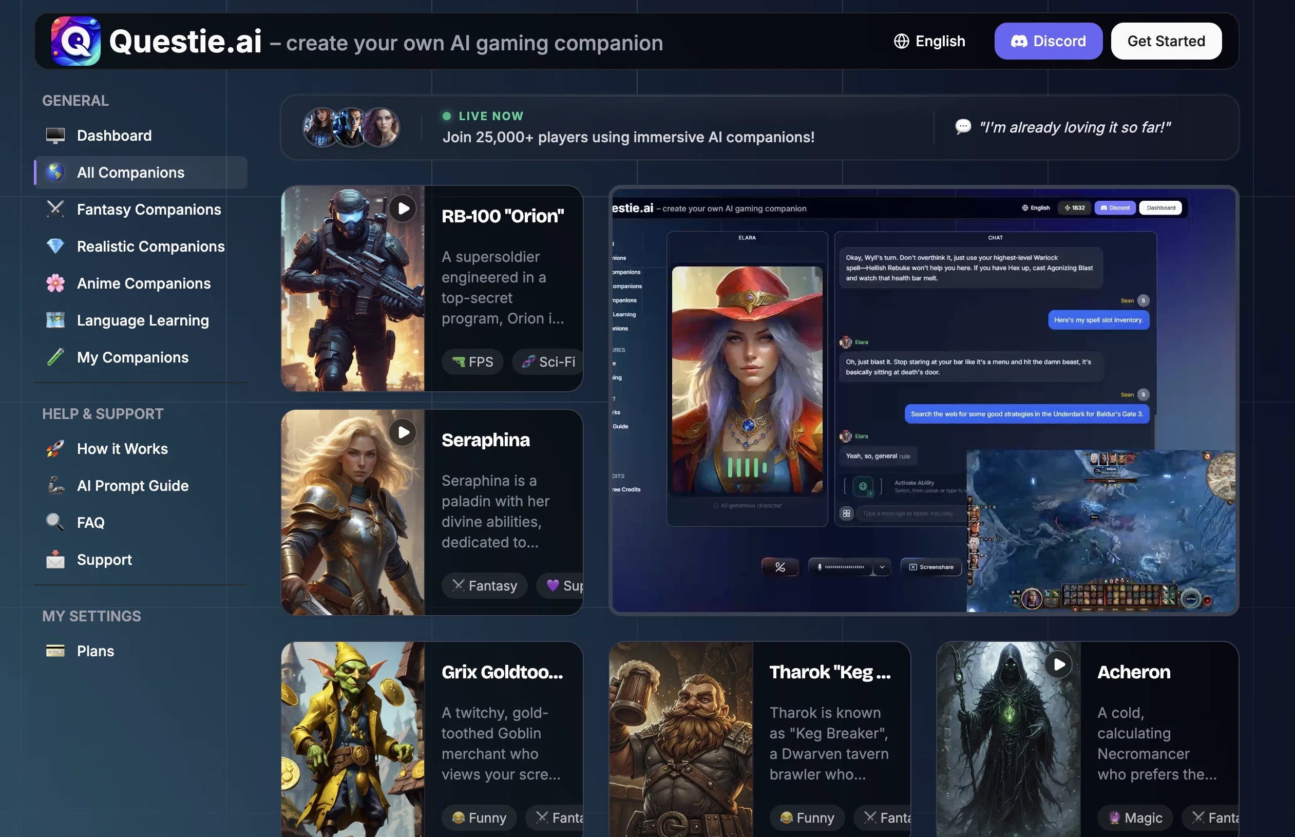 Questie AI - Game Companion & Roleplay Character Chat website