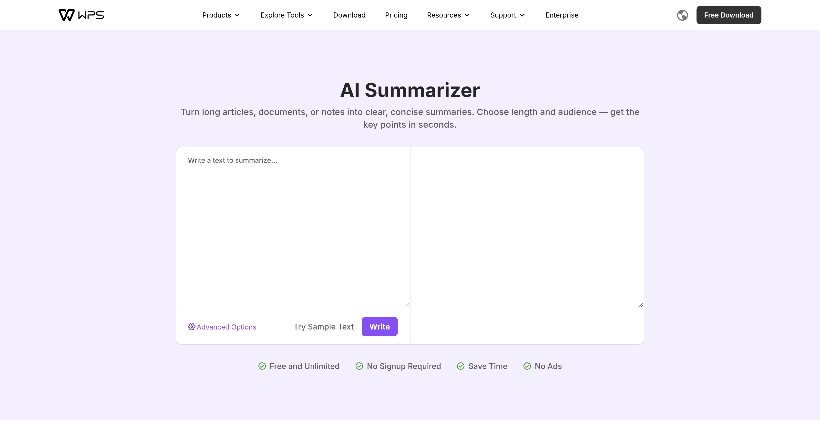 WPS | AI Summarizer website