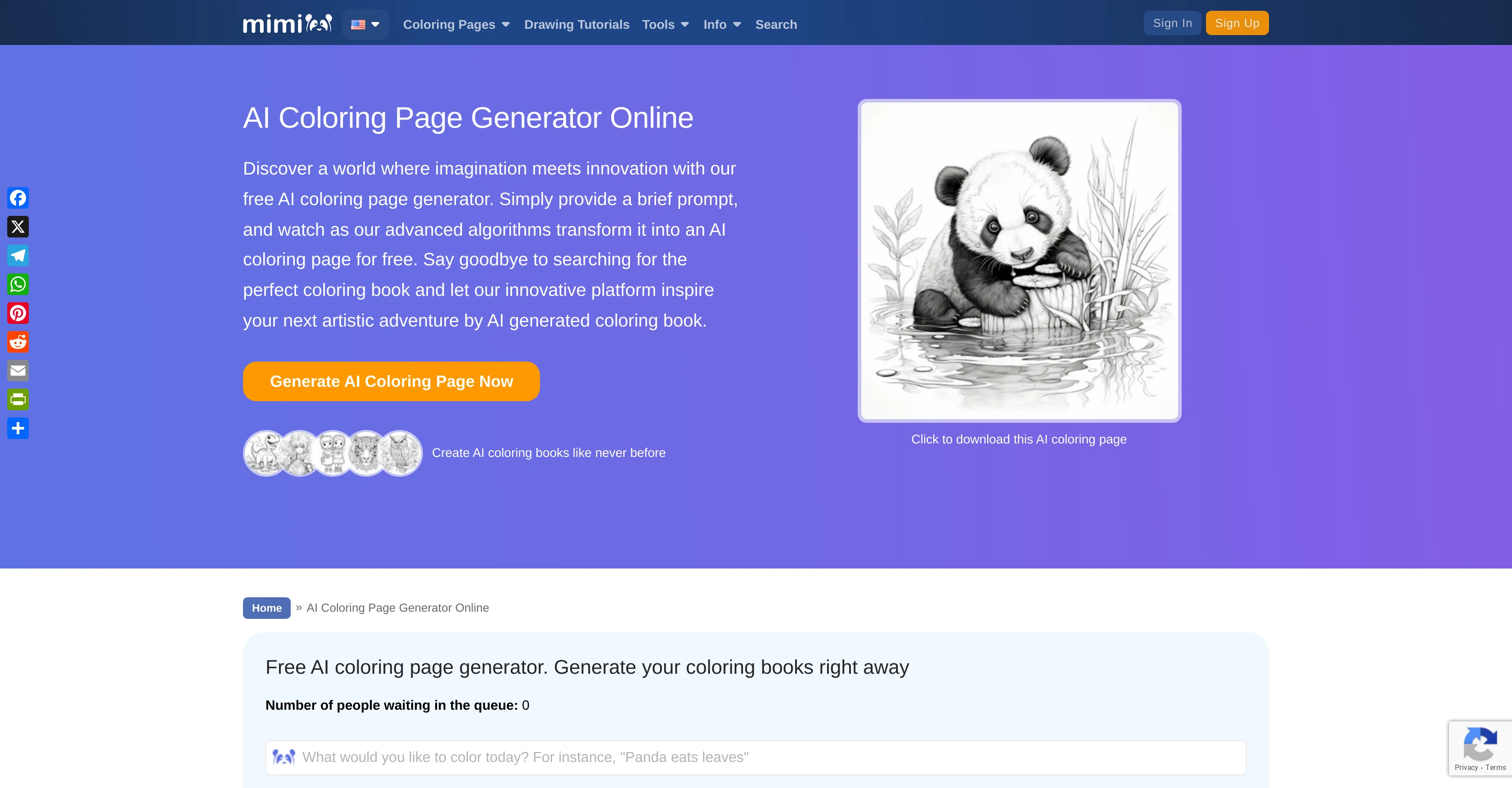 AI Coloring Page Generator Online by Mimi Panda website