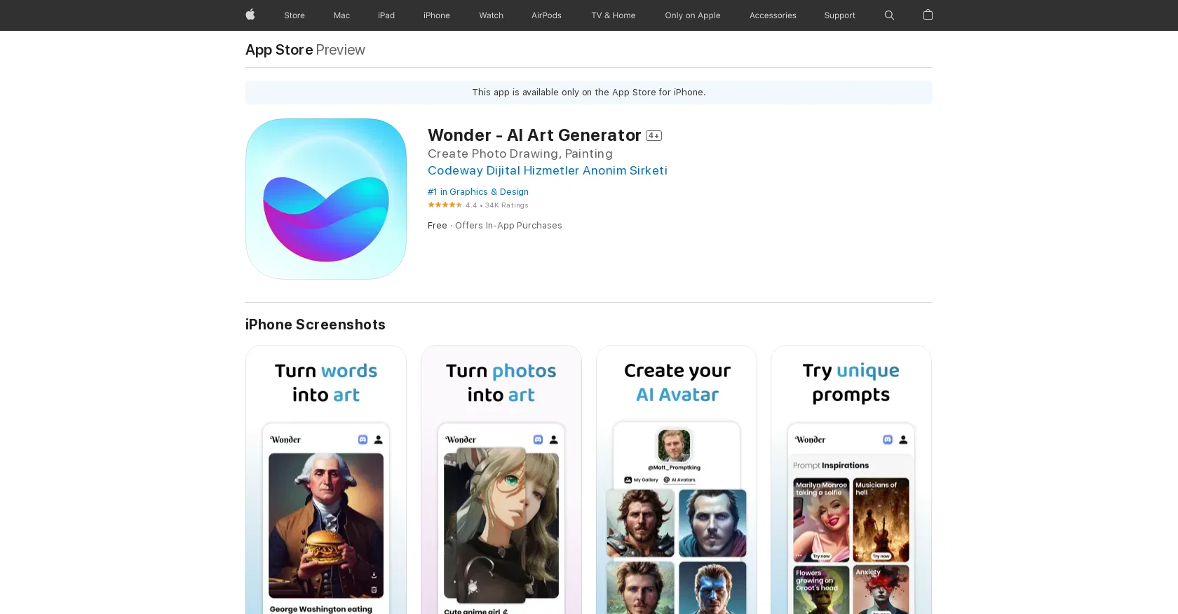 Wonder - AI Art Generator website