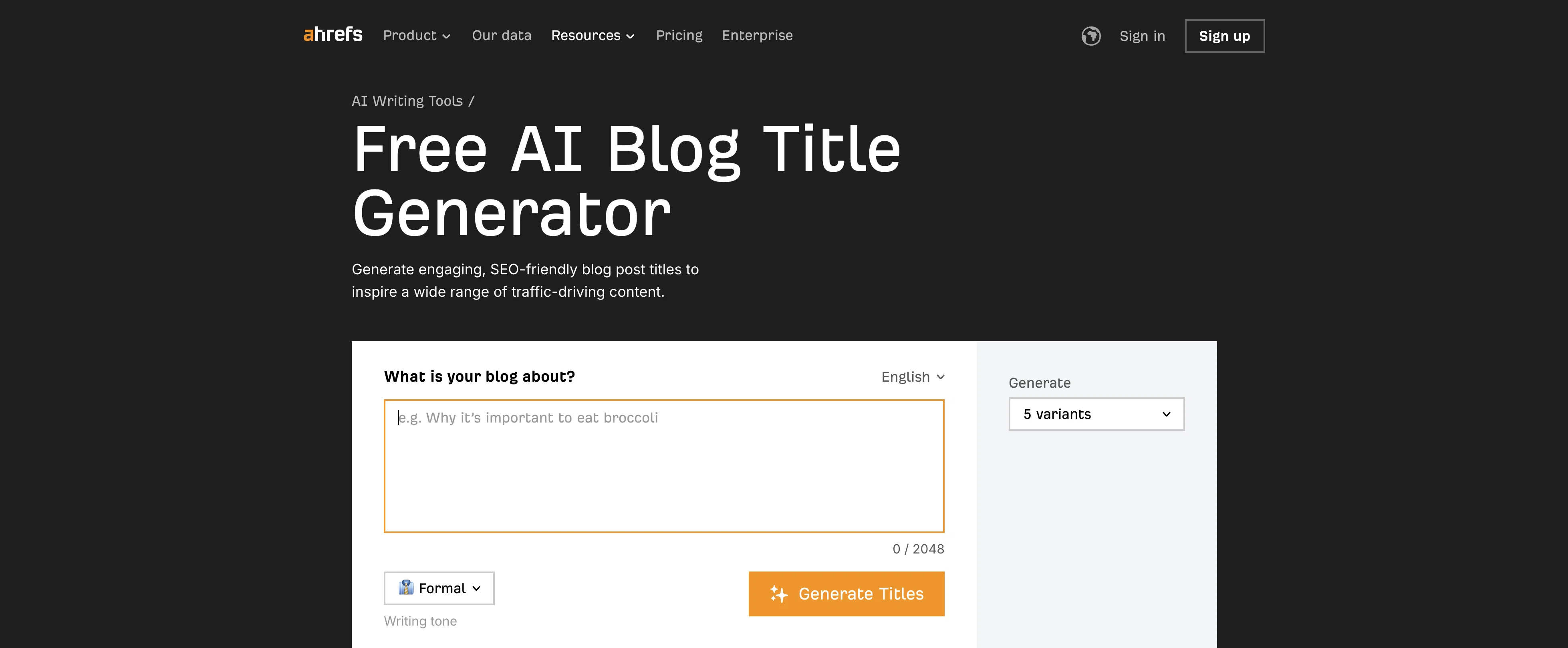 Ahrefs AI Blog Title Generator website