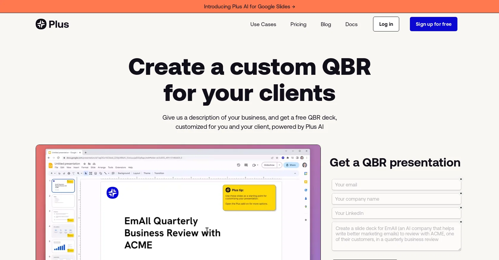 Plus AI QBR website