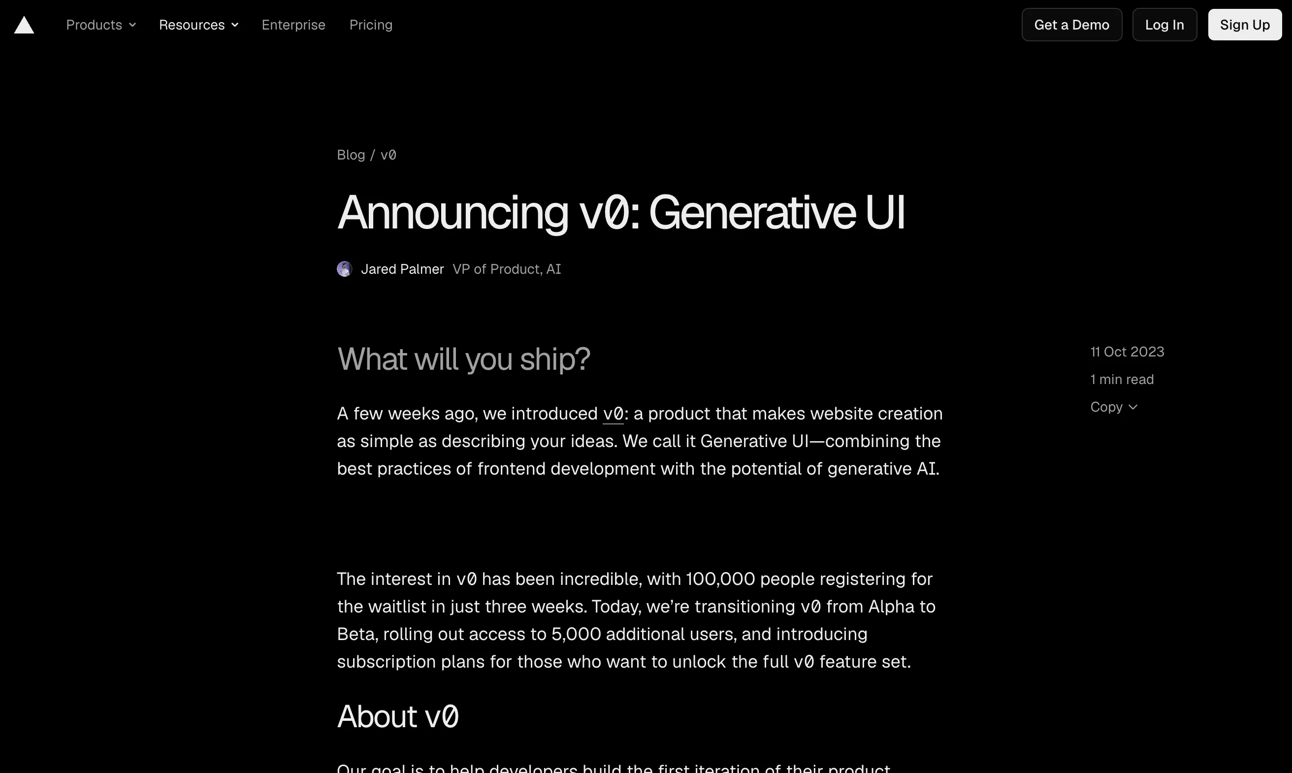 V0 Generative UI website