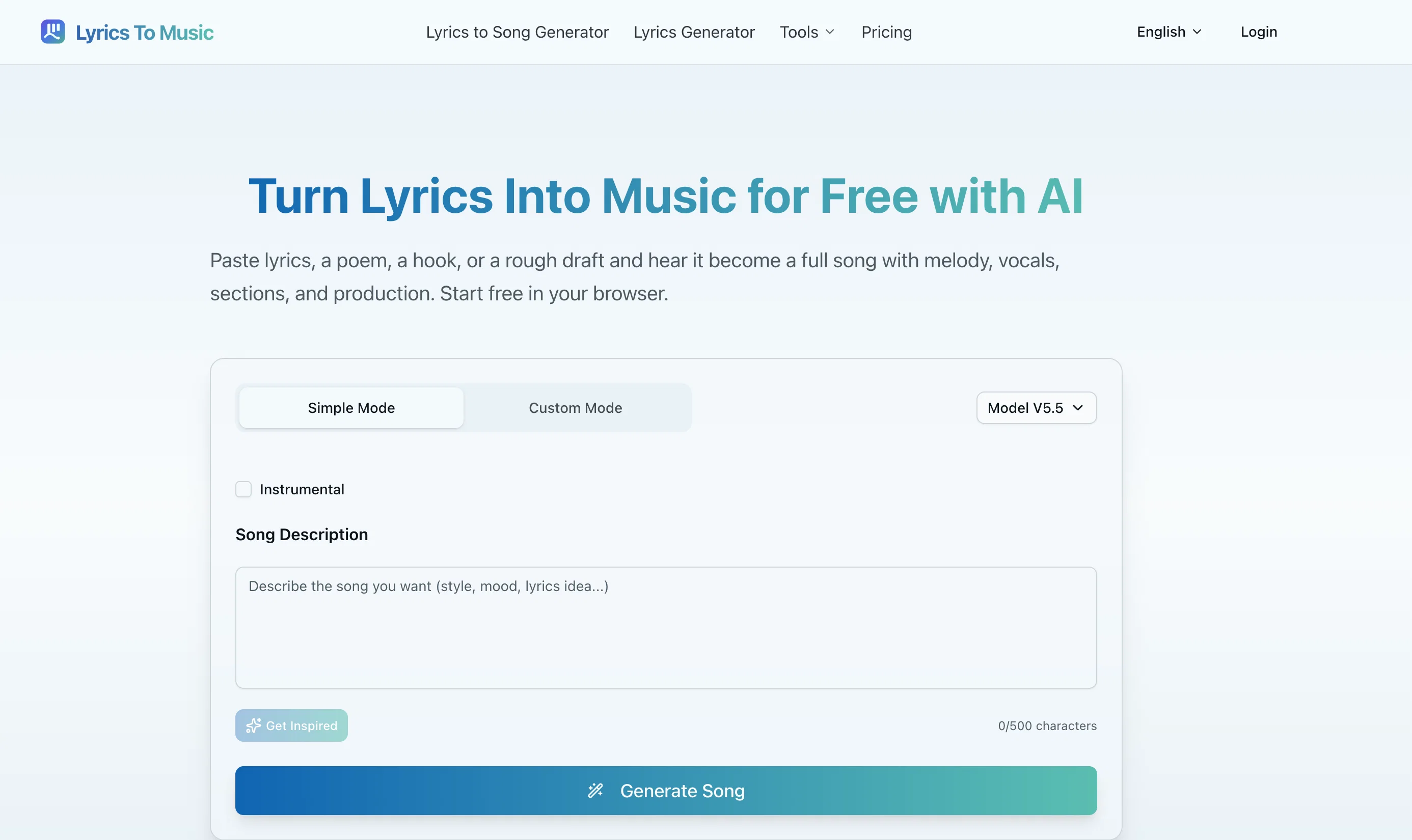 Lyrics To Music.ai website