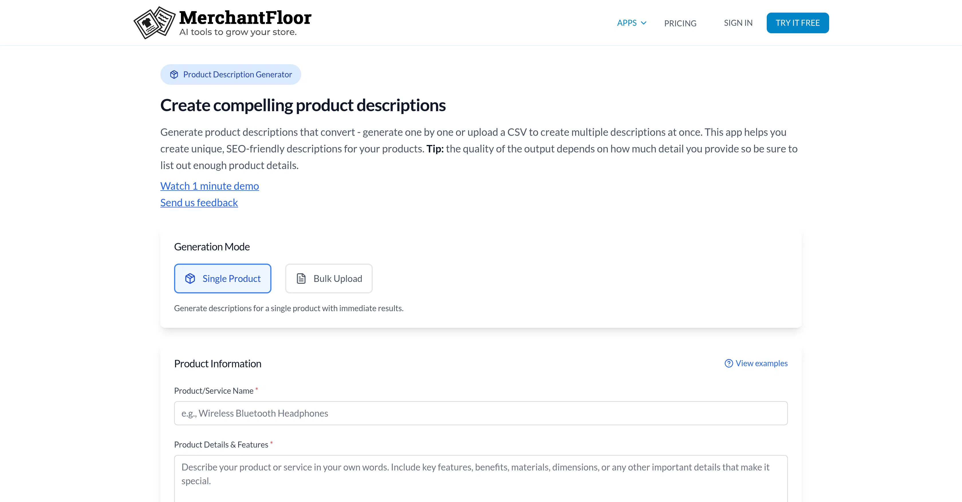 Merchant Floor | Product Descriptions website
