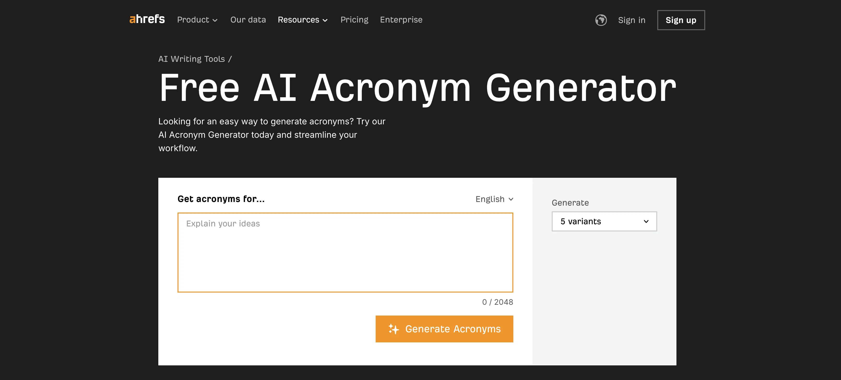 Acronym Generator by Ahrefs website