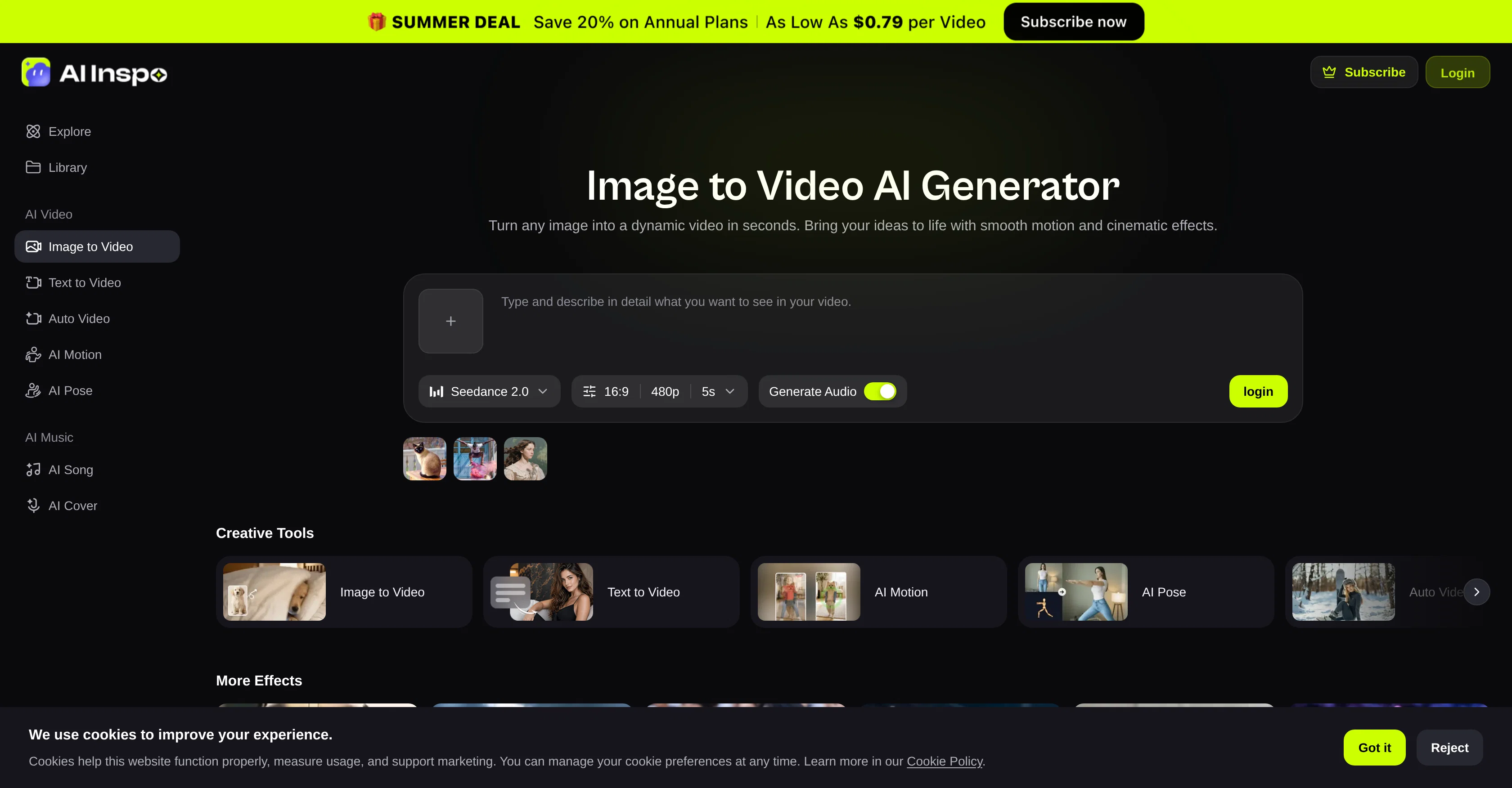 AI Inspo | Image to Video Generator website