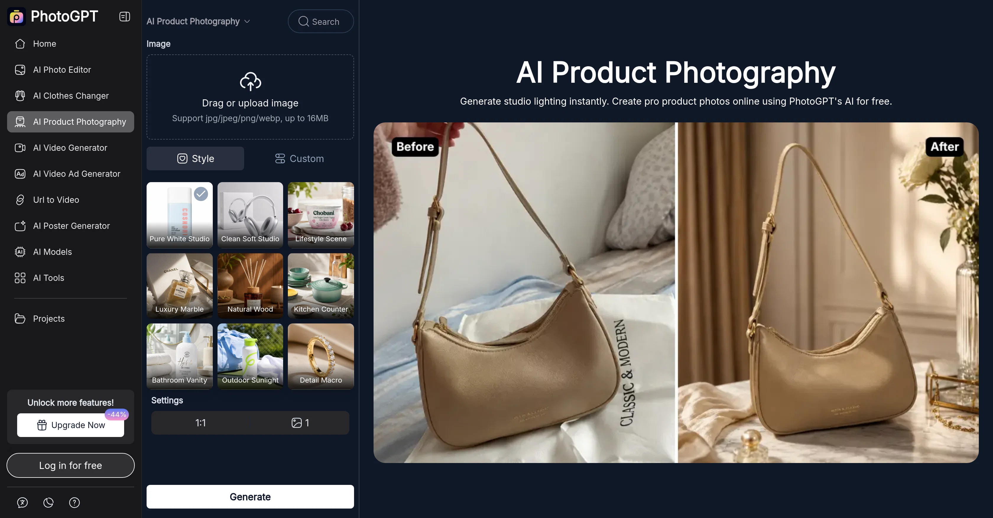 PhotoGPT's AI Product Photography website
