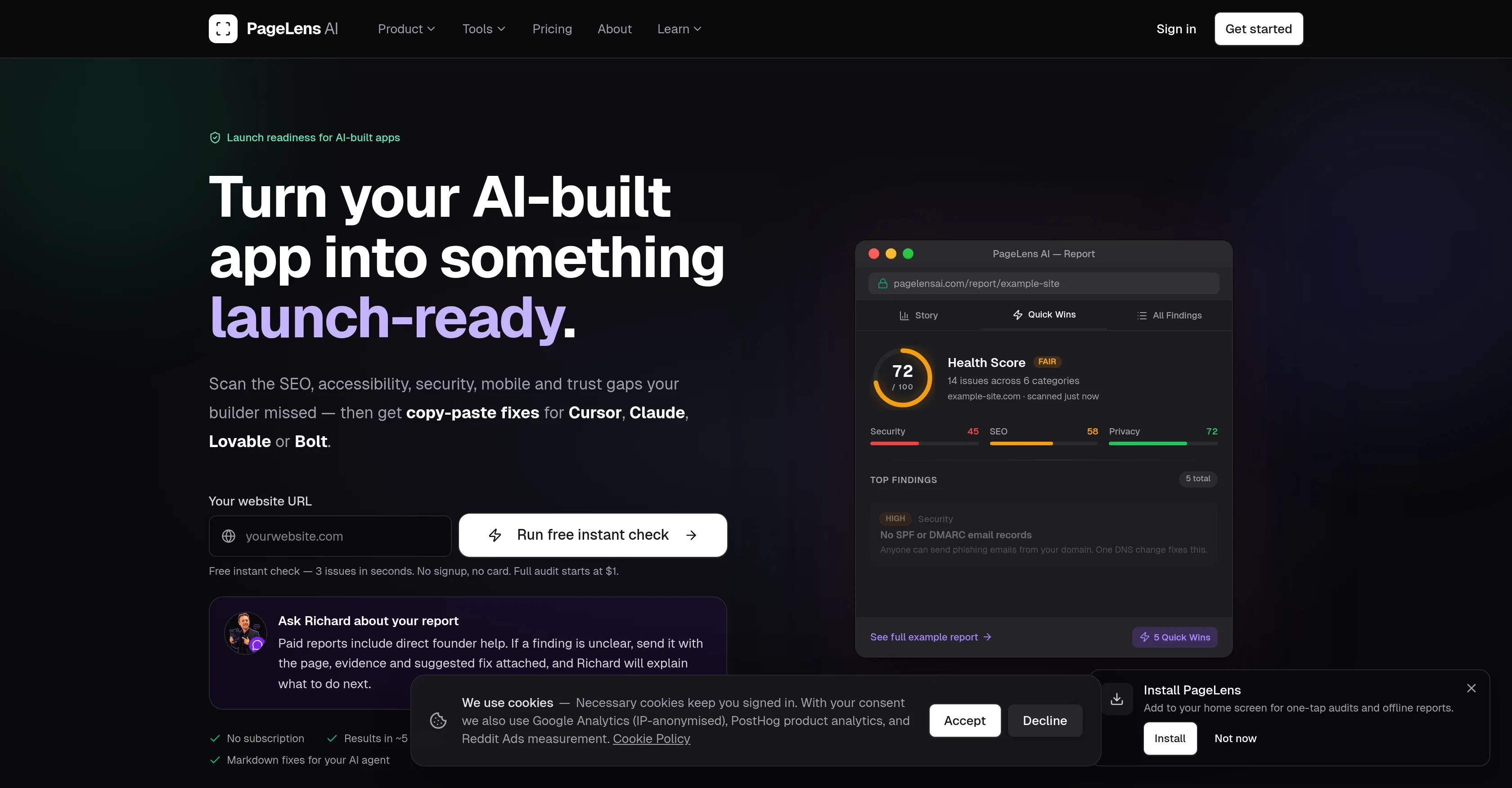 PageLens AI website