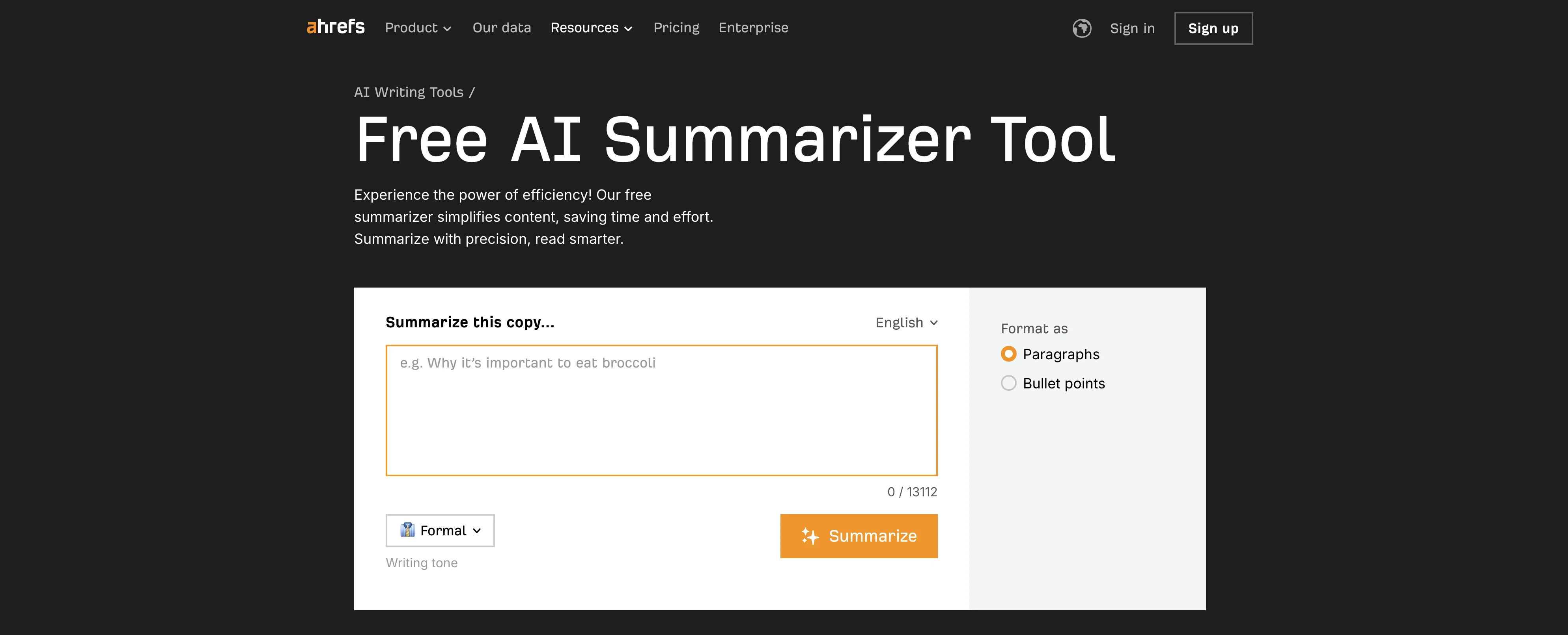Ahrefs AI Summarizer Tool website