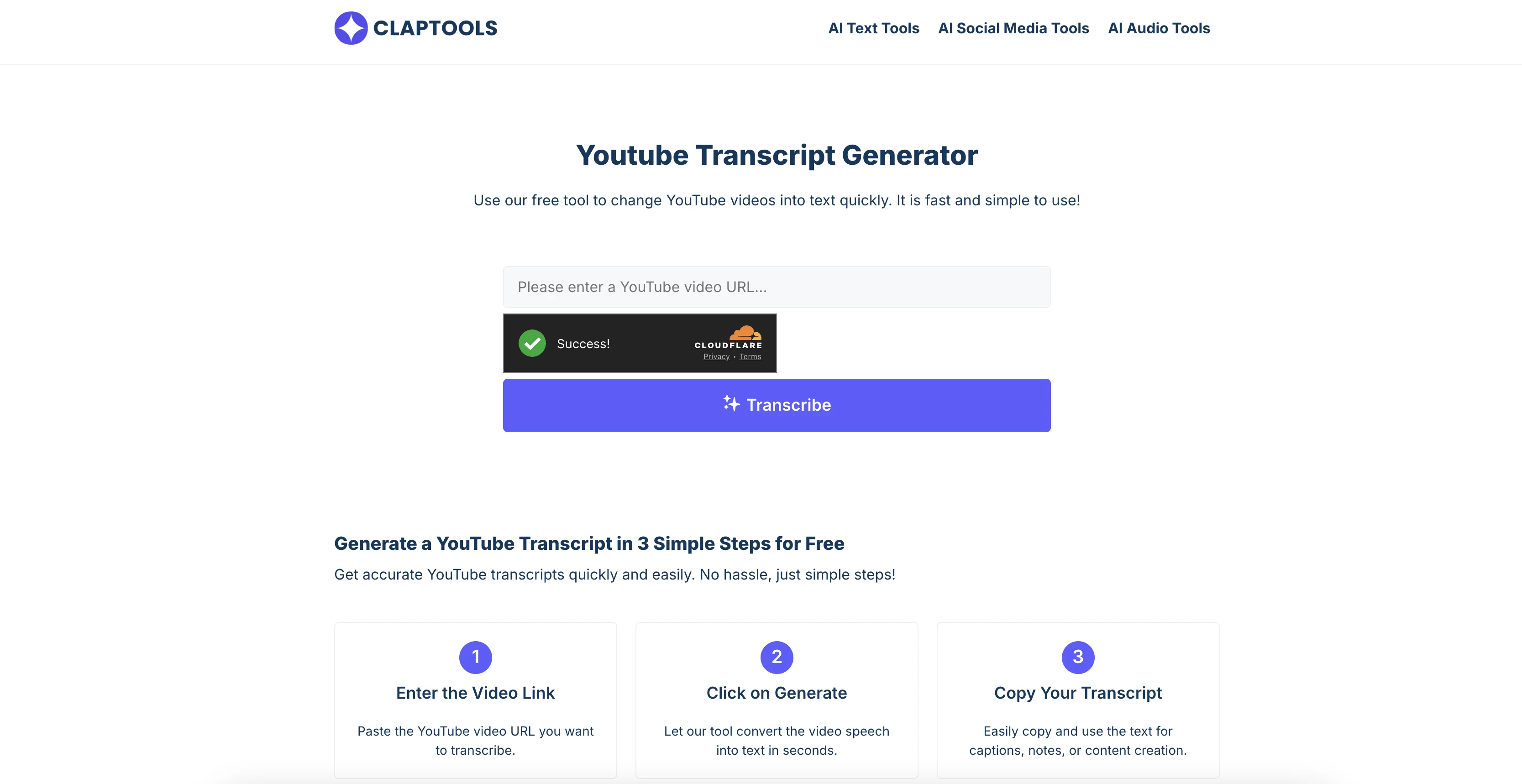 Claptools Free Youtube Transcriptor website