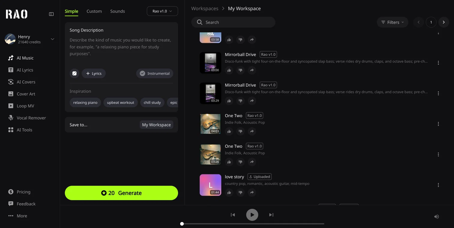 RaoMusic｜ AI Song Generator website