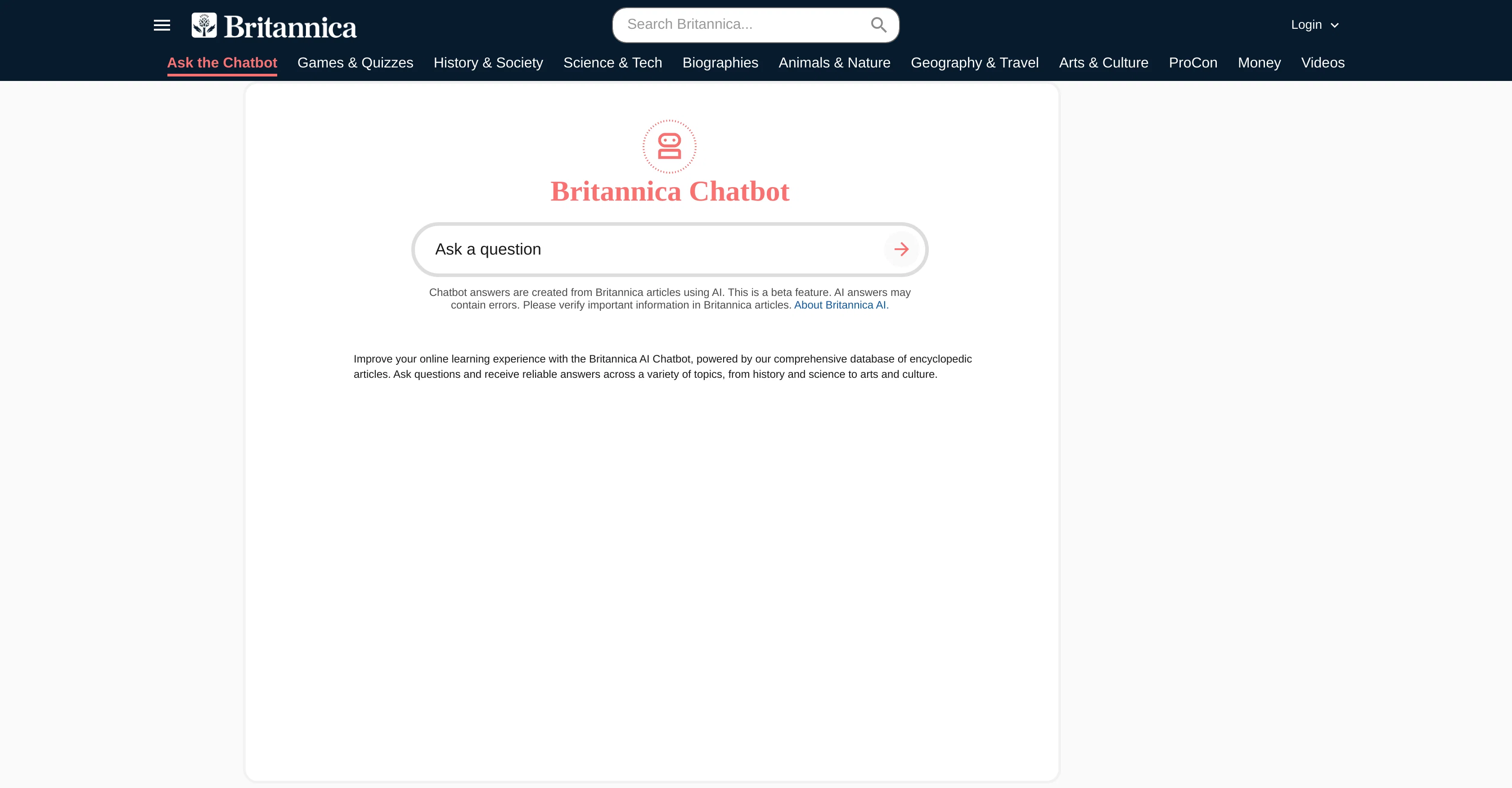 Britannica AI Chatbot website