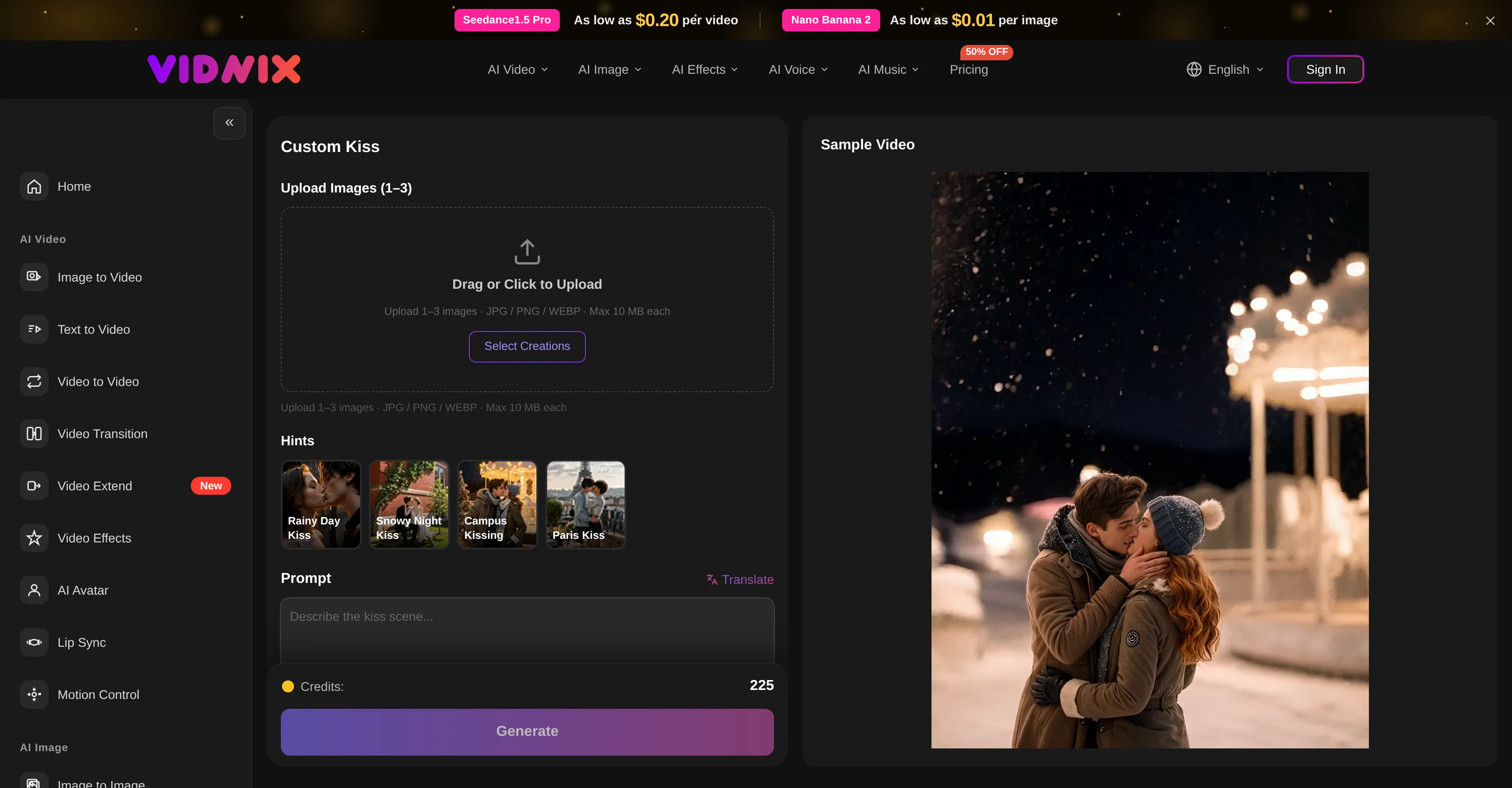 Vidnix | AI Kiss generate-Powered by Seedance 2.5 website
