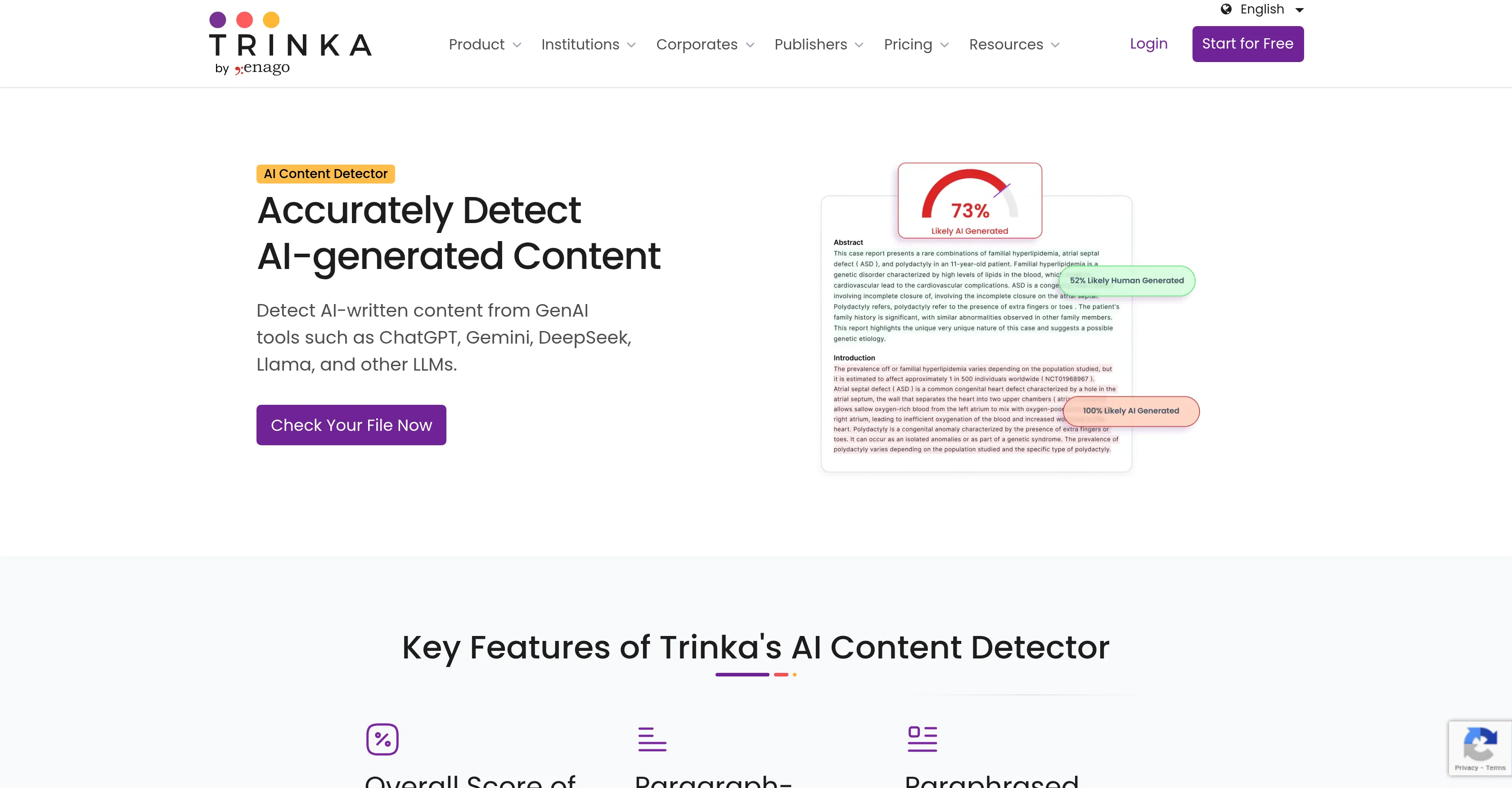 Trinka AI Content Detector website