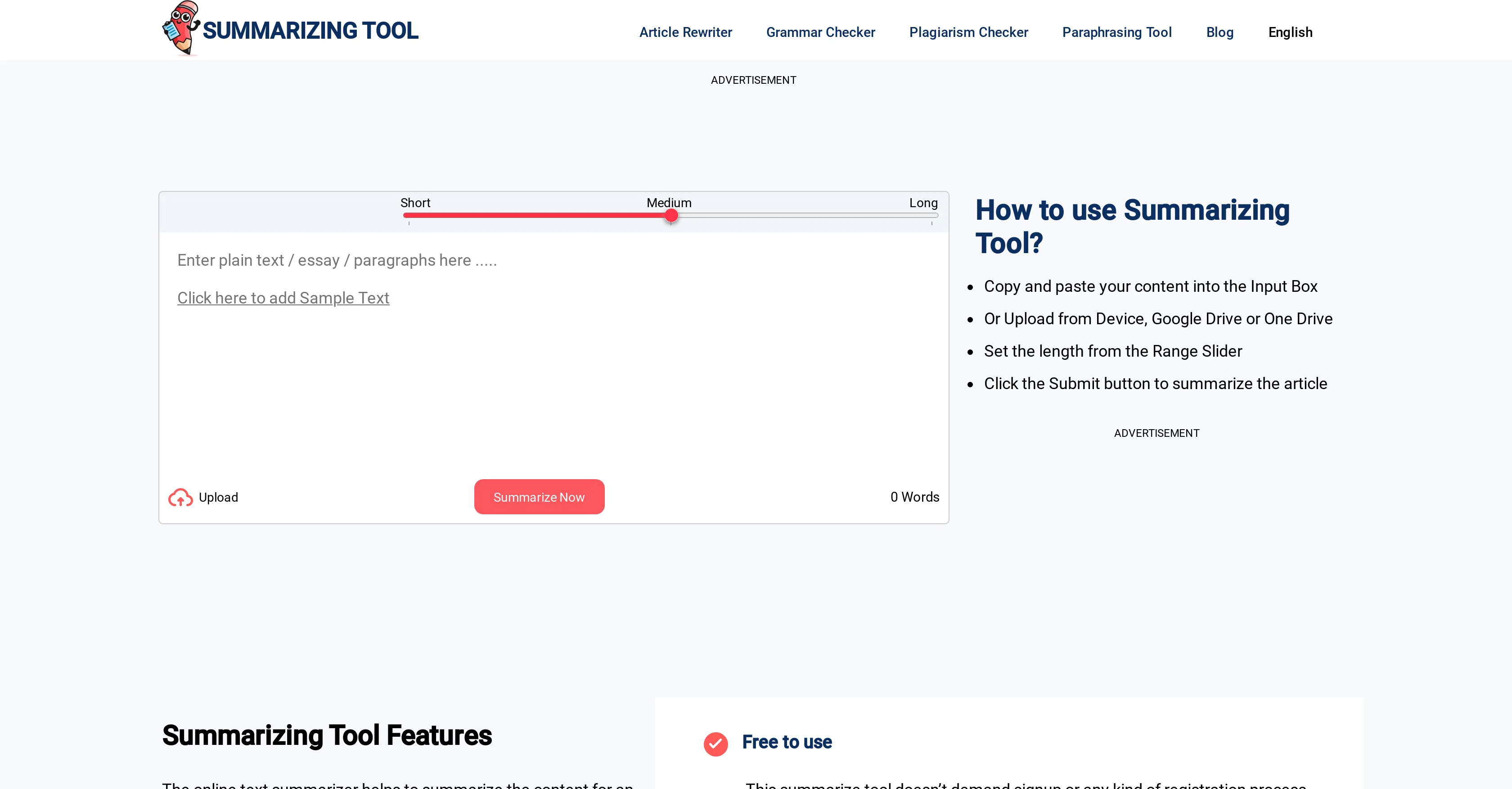 Summarizing Tool website