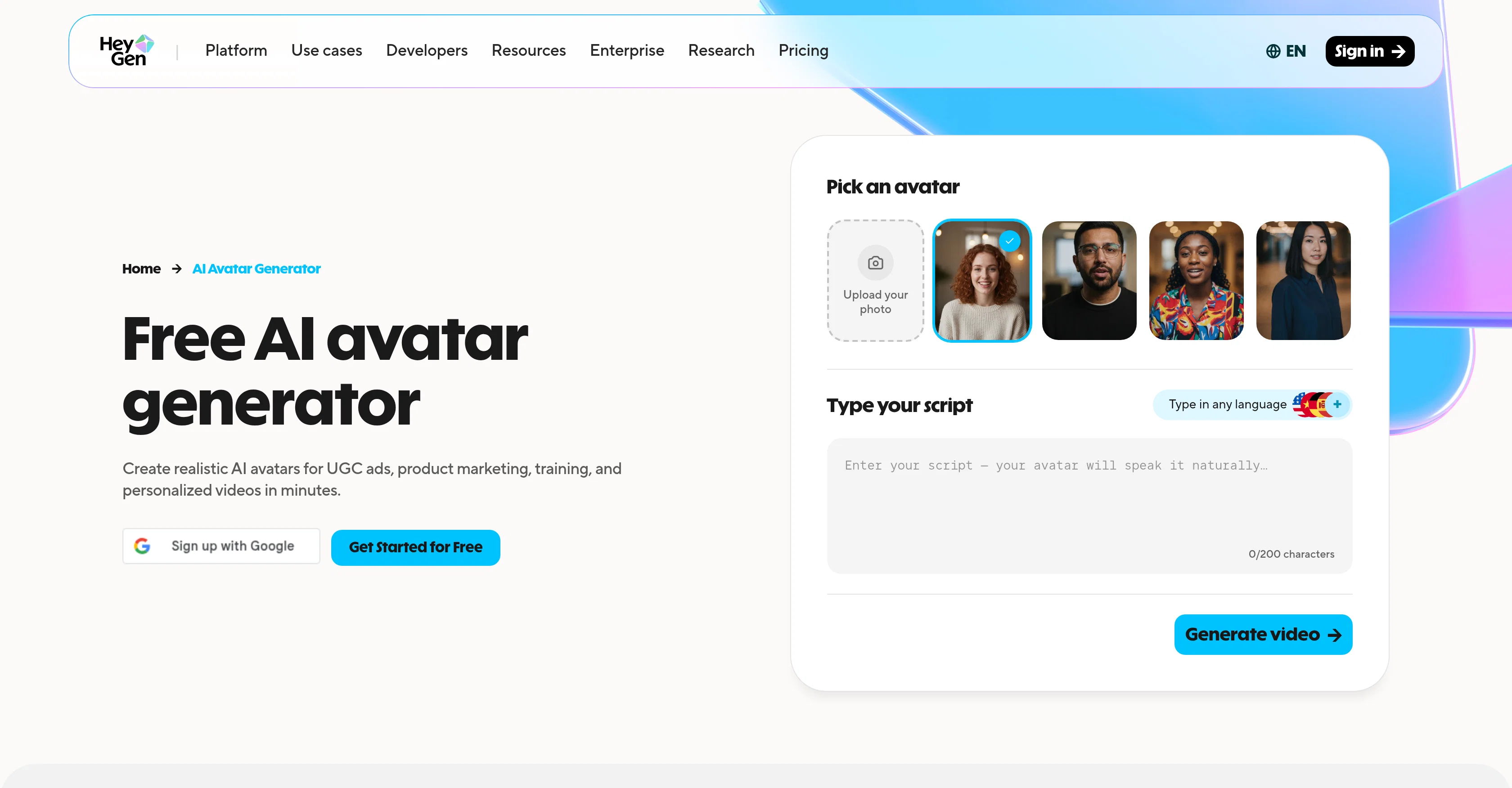 HeyGen AI Avatar Generator website