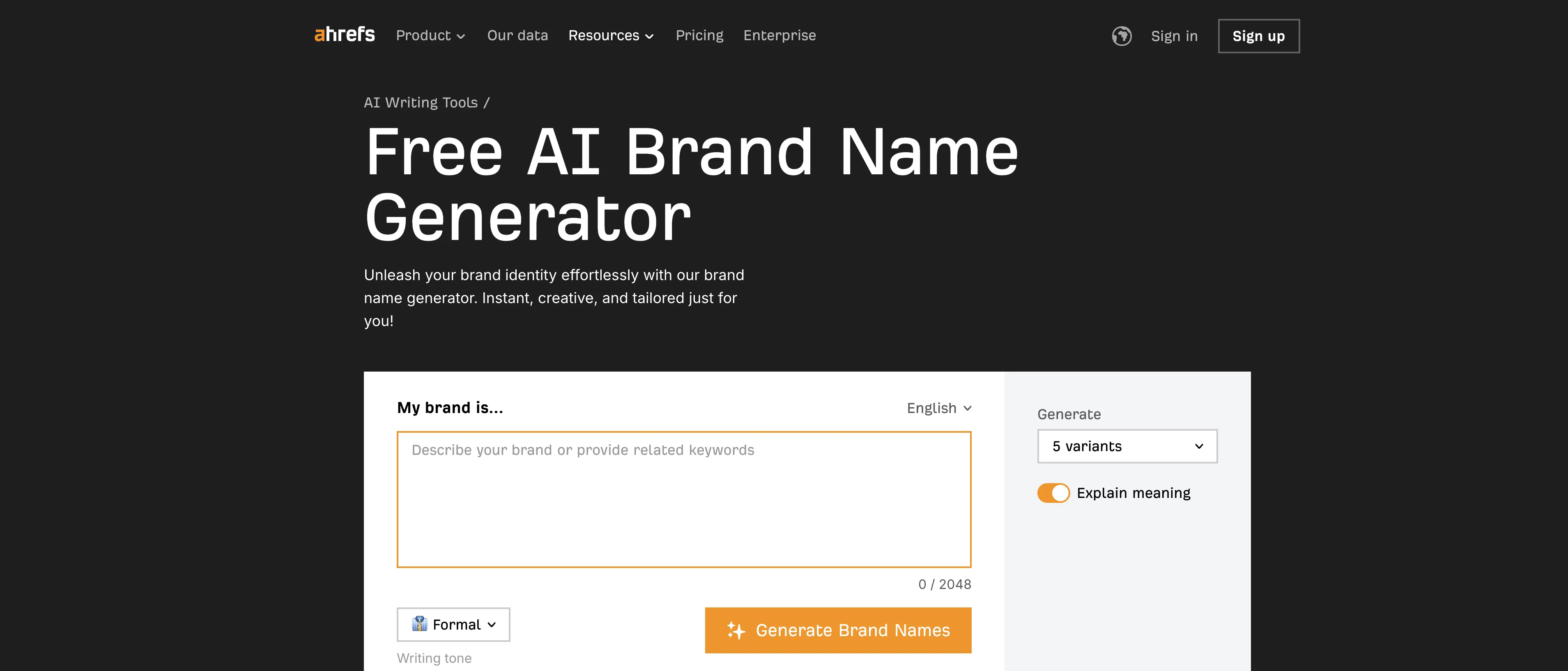 Ahrefs AI Brand Name Generator website