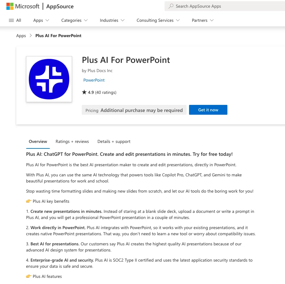 Plus AI for PowerPoint website