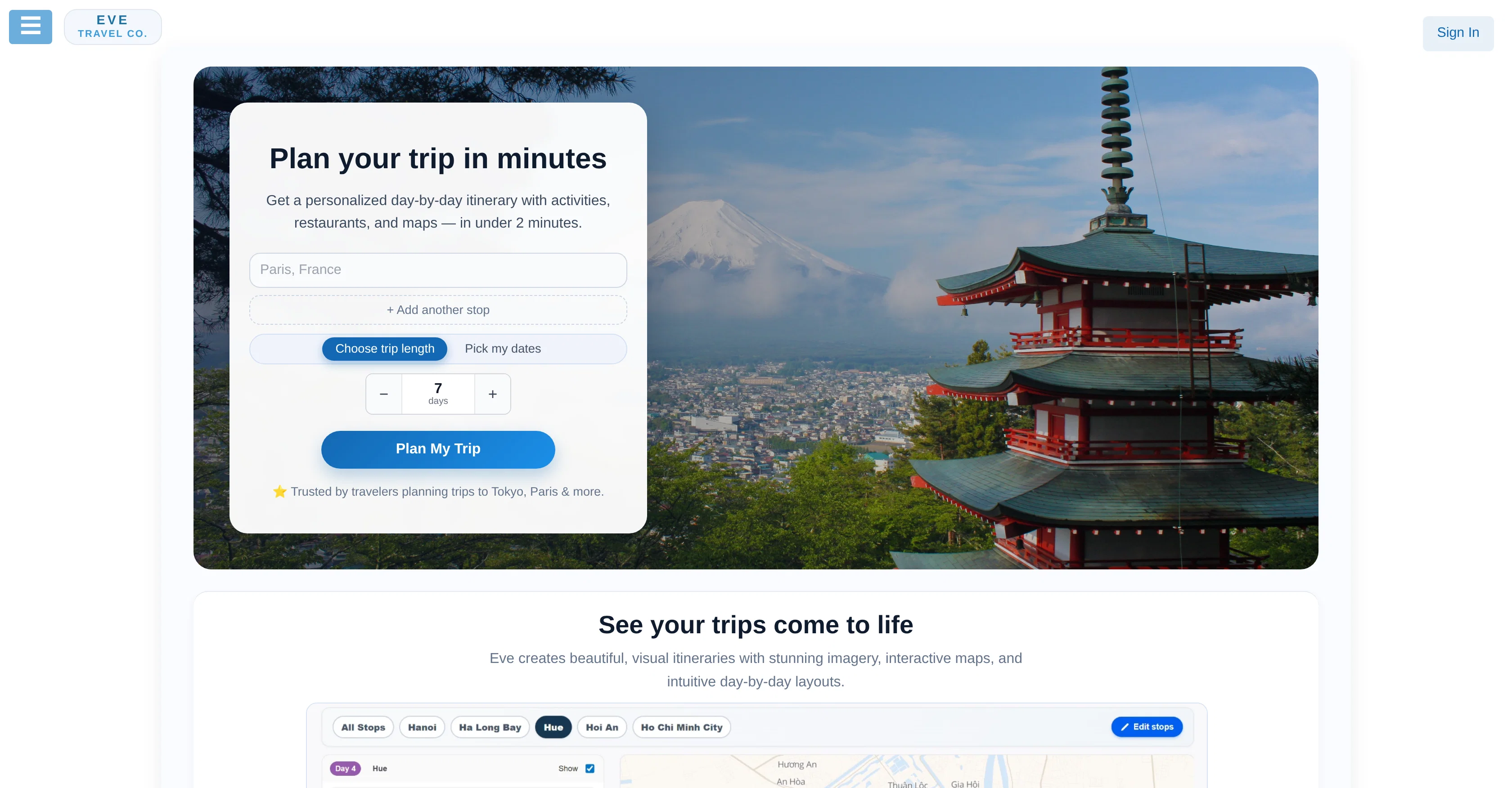 Eve Travel Co. website