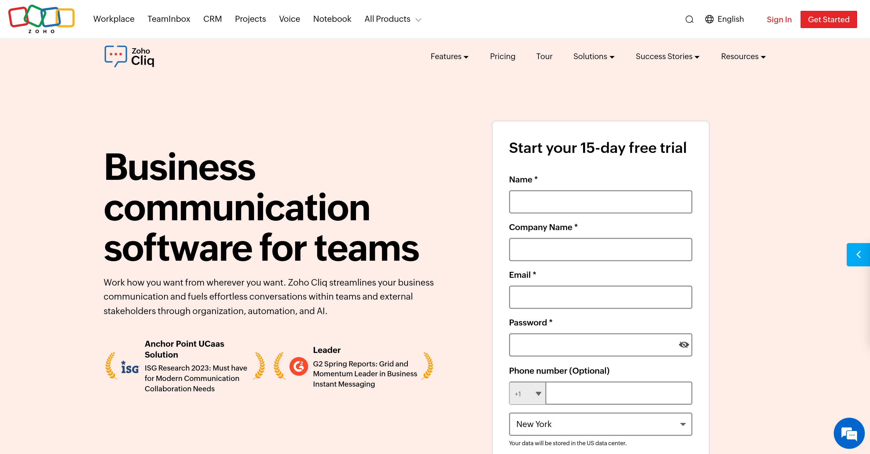 Zoho Cliq website