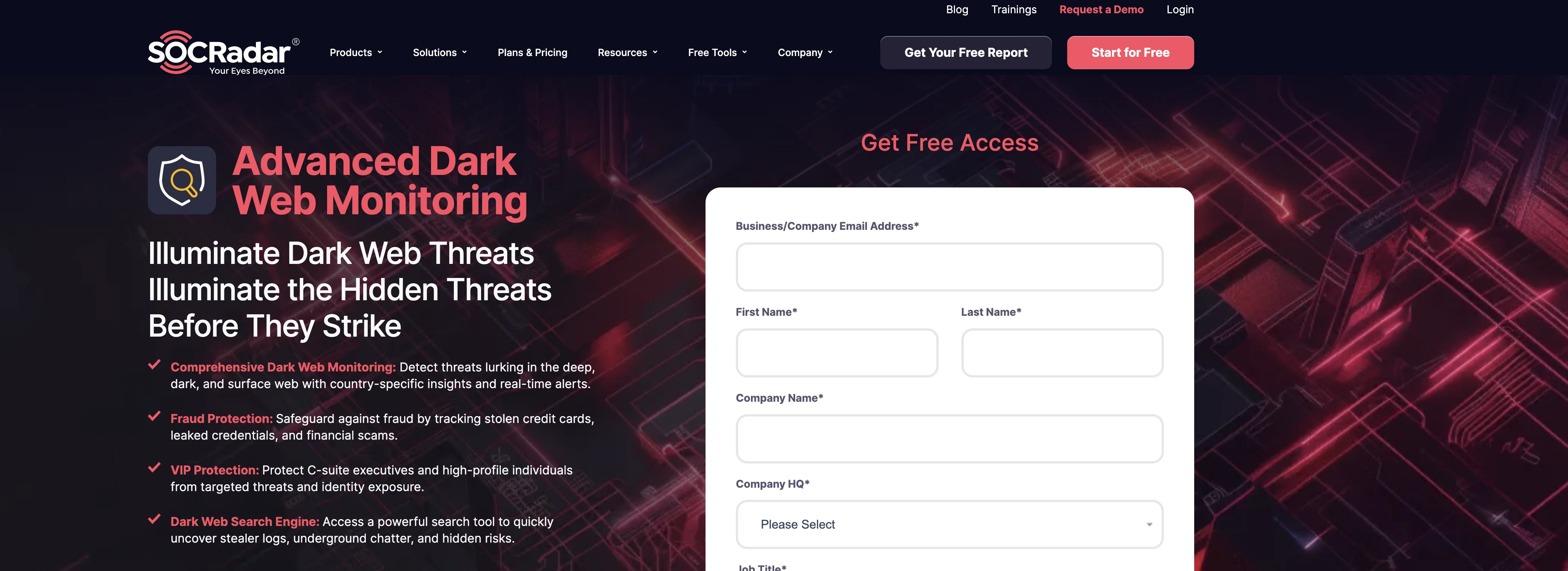SOCRadar Dark Web Monitoring website