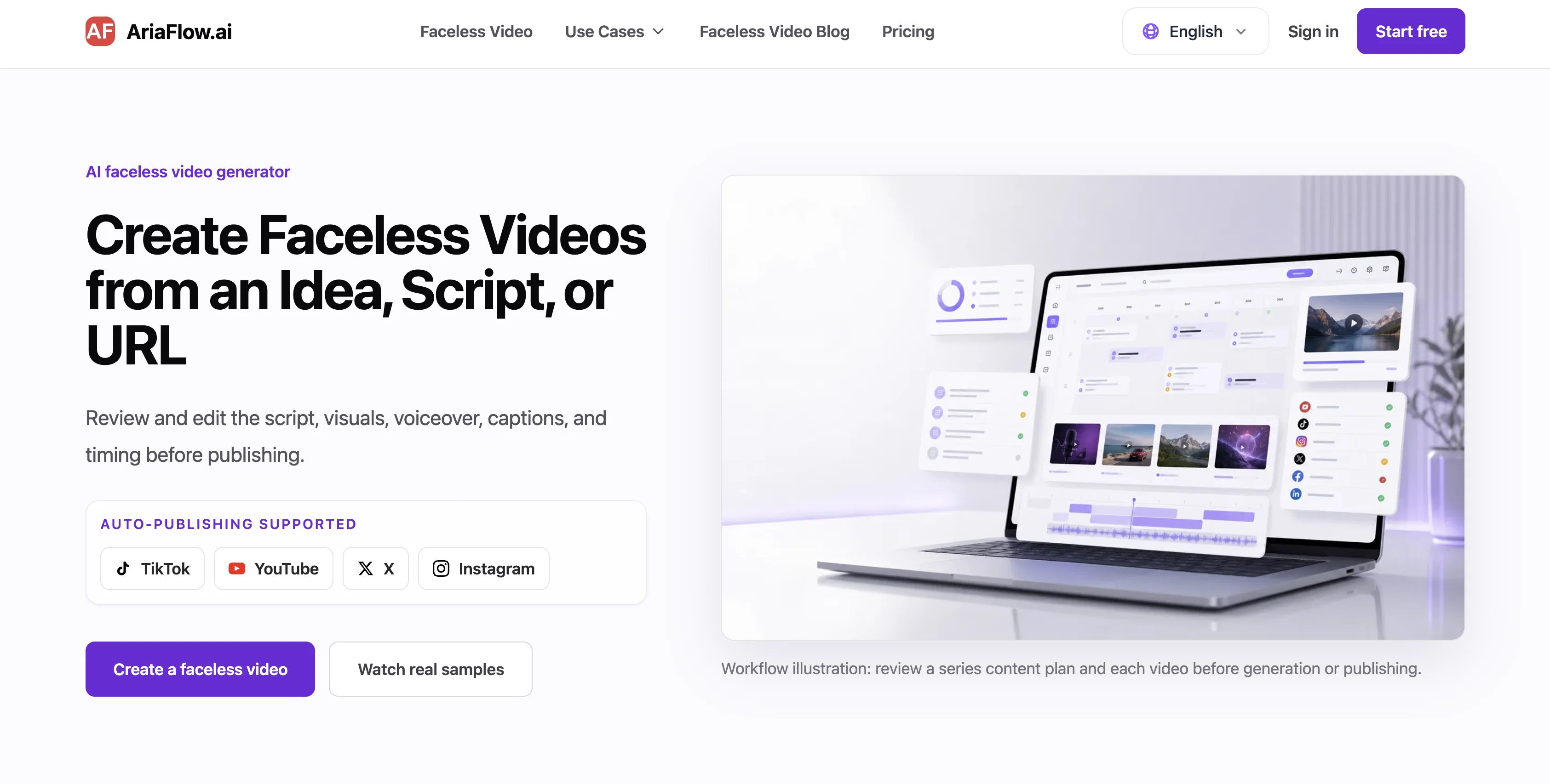 AriaFlow-AI Faceless Video Generator website