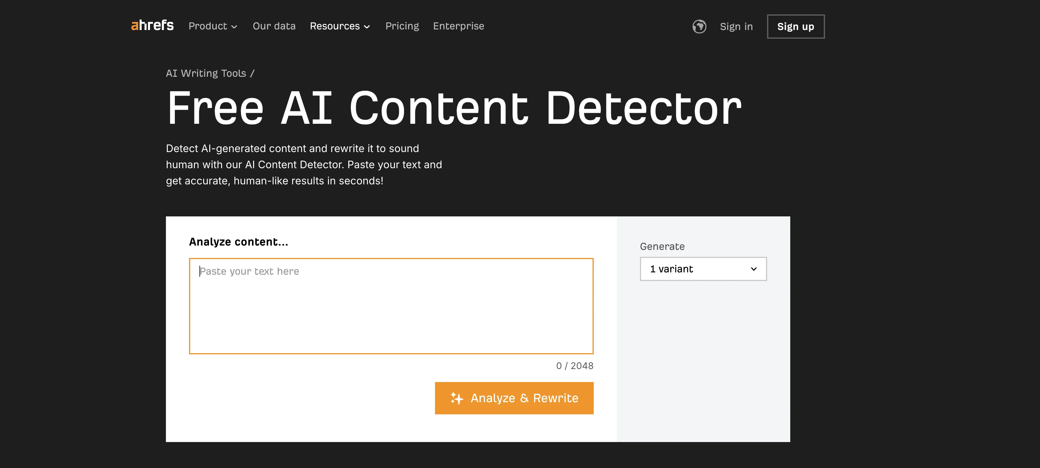 Ahrefs AI Content Detector website