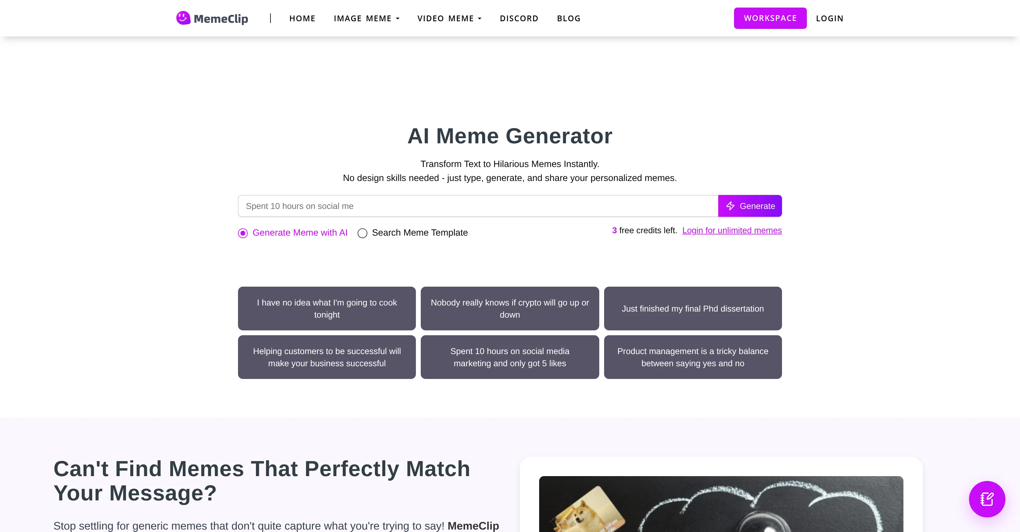 MemeClip AI Meme Generator website