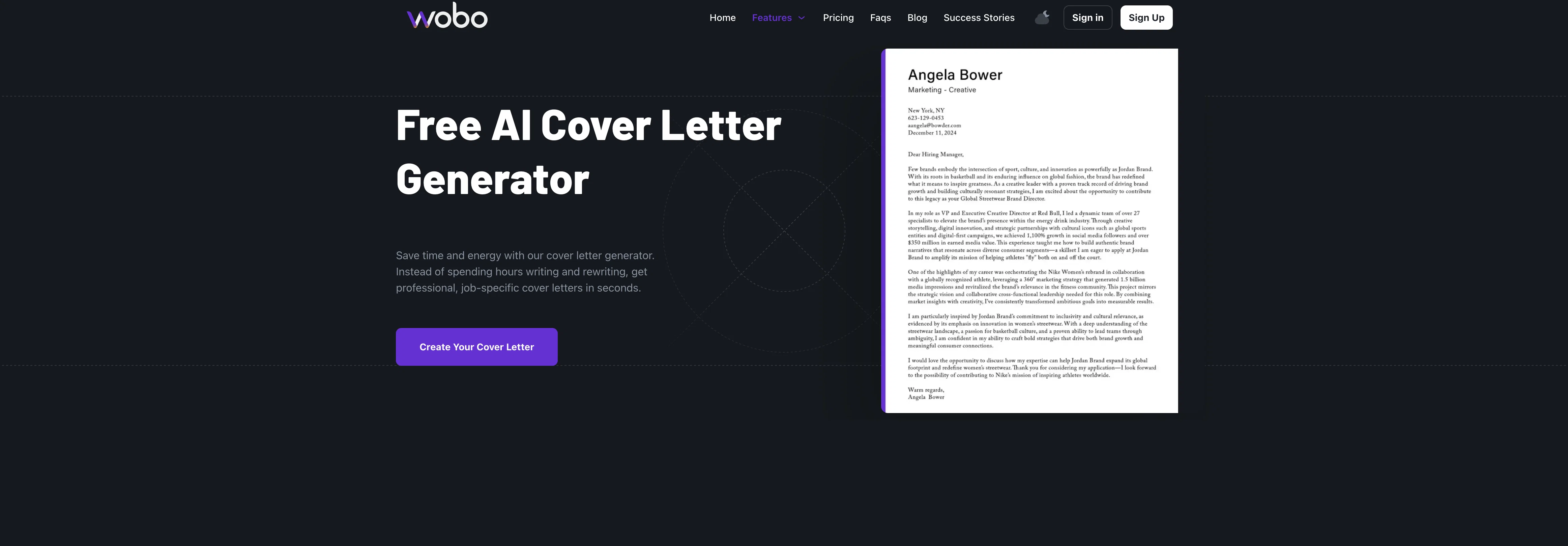 Wobo AI Cover Letter website