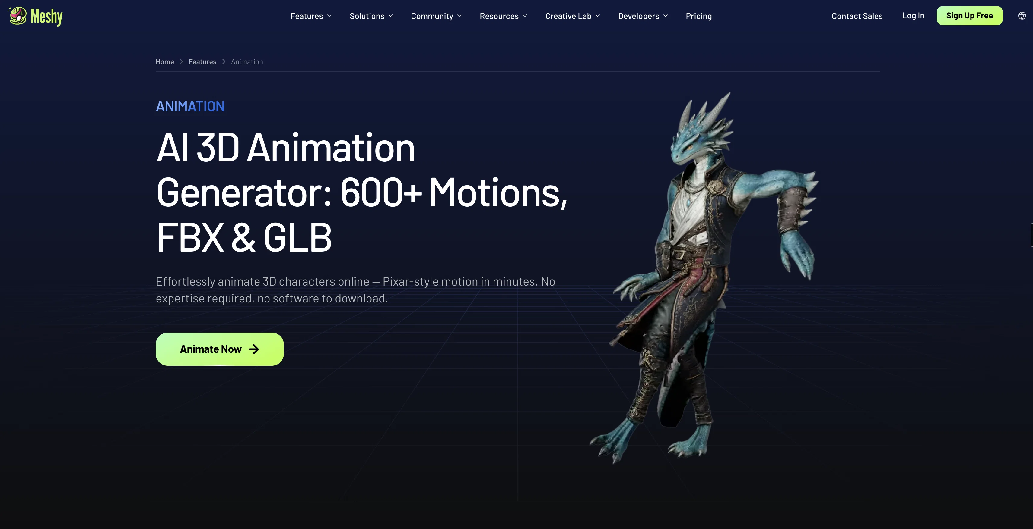 Meshy Character Animation website
