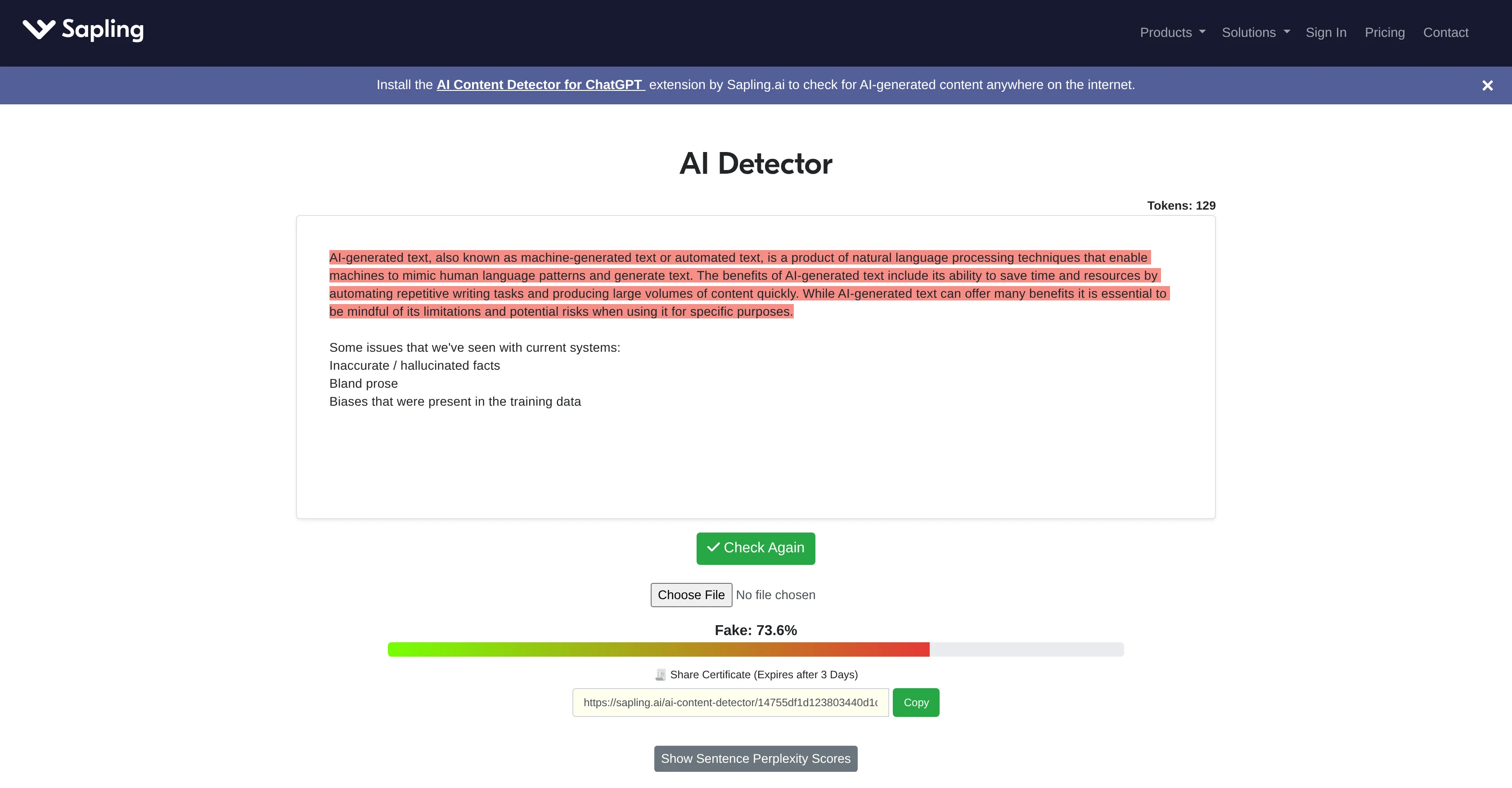 AI Detector by Sapling website