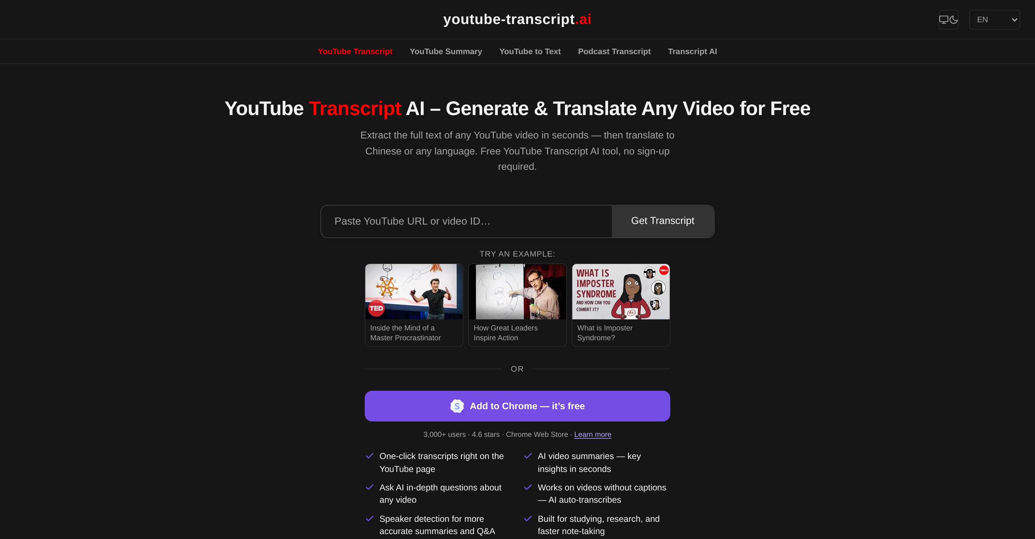 YouTube Transcript AI website