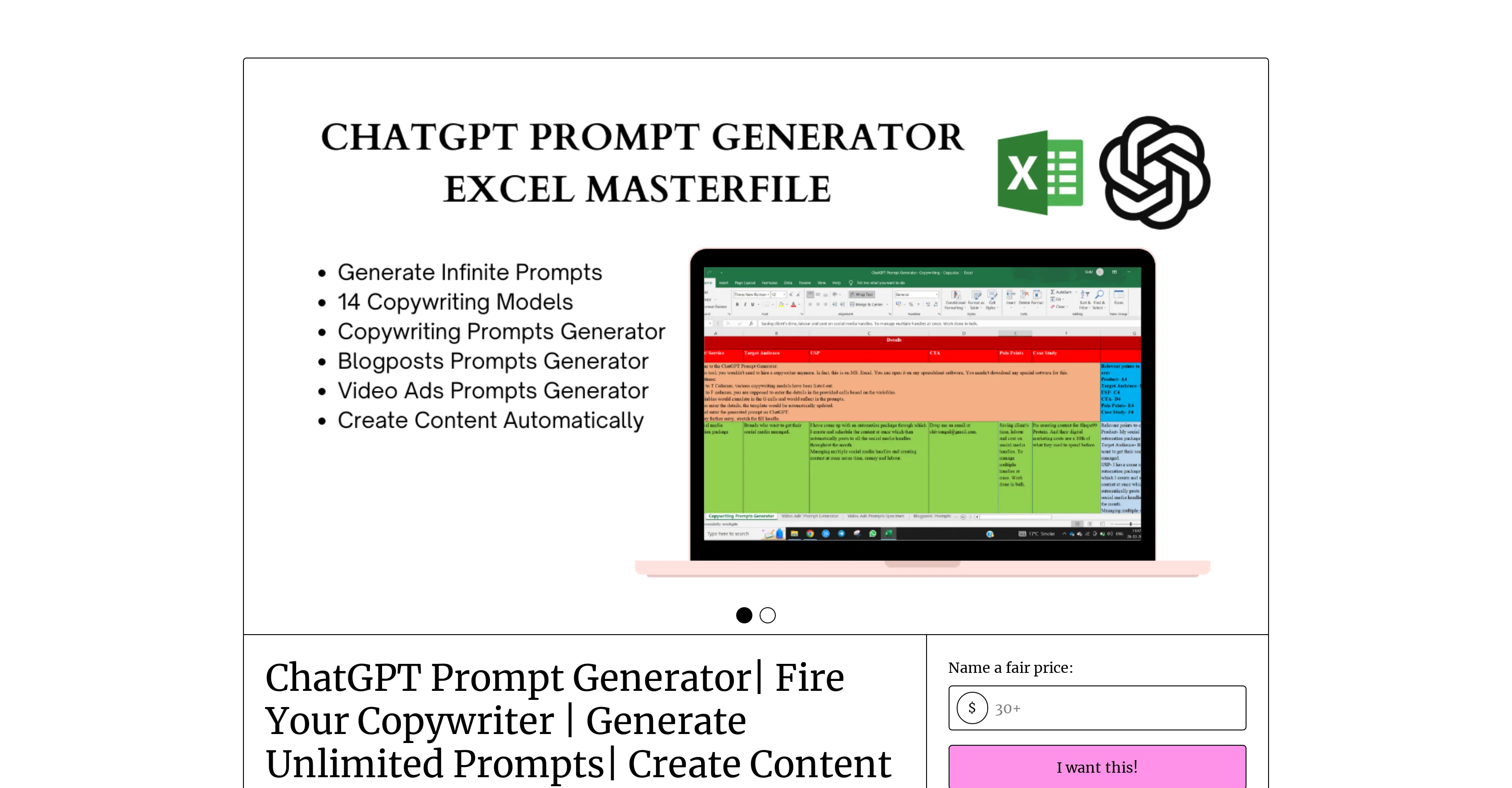 ChatGPT Copywriting Prompts Generator website