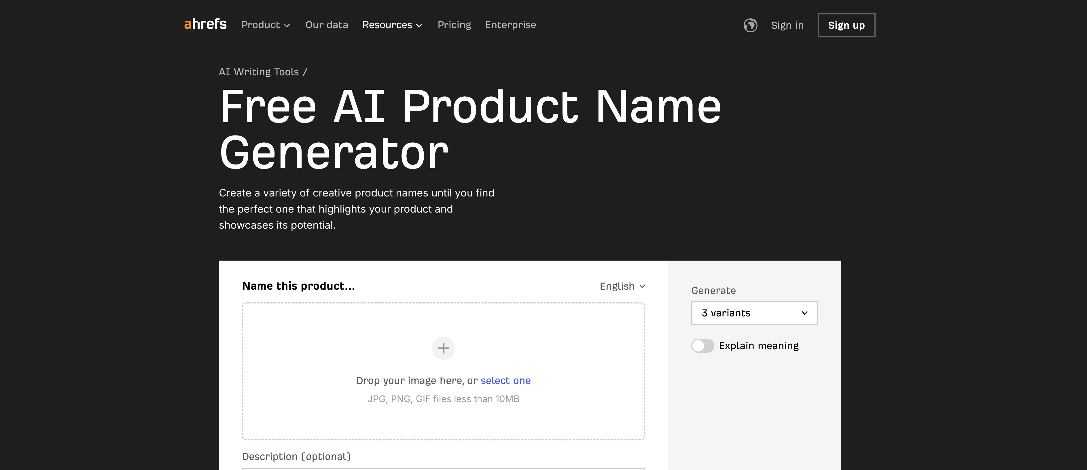 Ahrefs AI Product Name Generator website